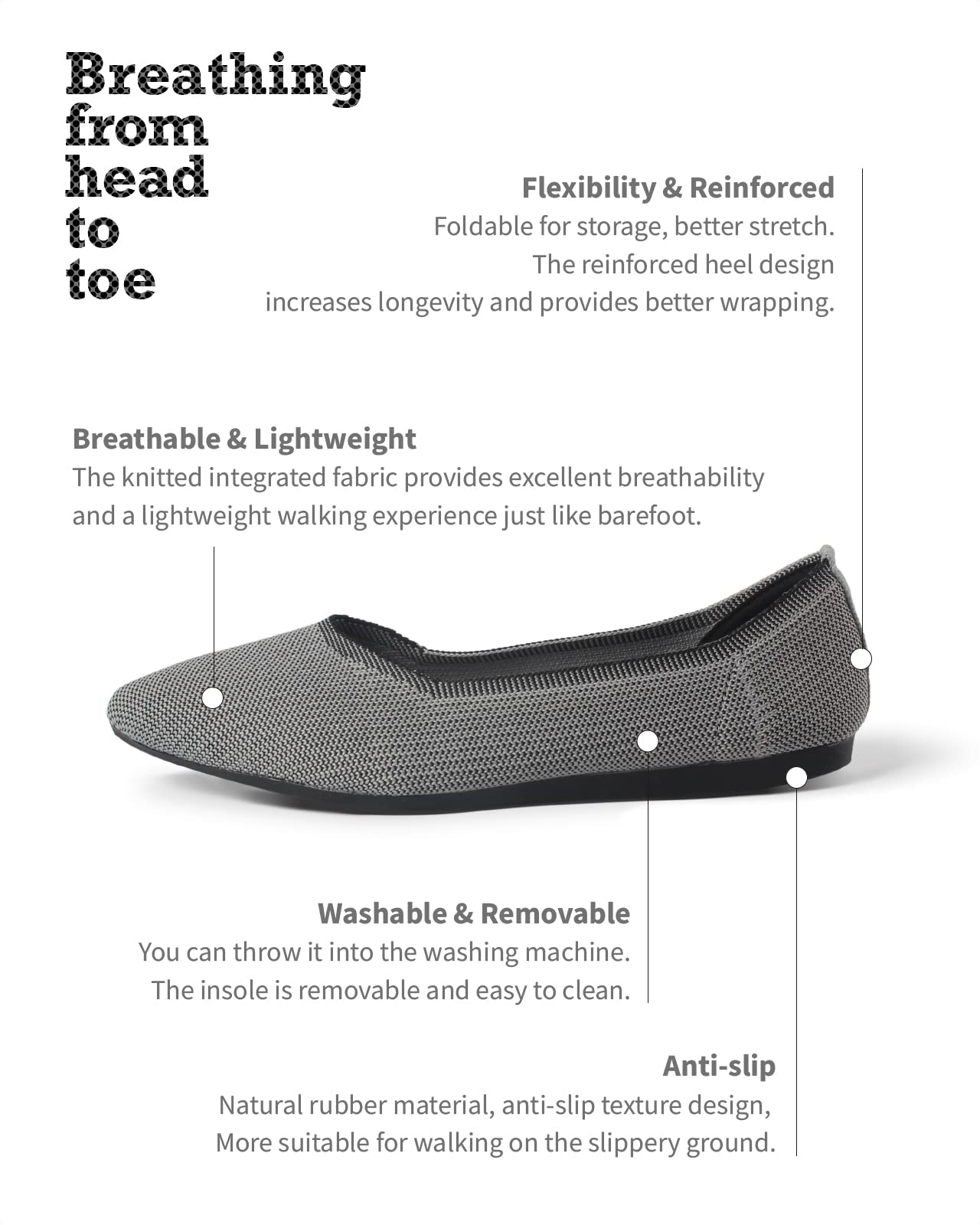 Women's Comfortable Flat Knit Ballet Shoes - Pointed Toe Slip-On Low Wedge Dress Shoes, Washable & Foldable Mesh Walking Shoes for Casual Wear (Black/Navy/Caramel) - Perfect for Office, Travel & Daily Comfort