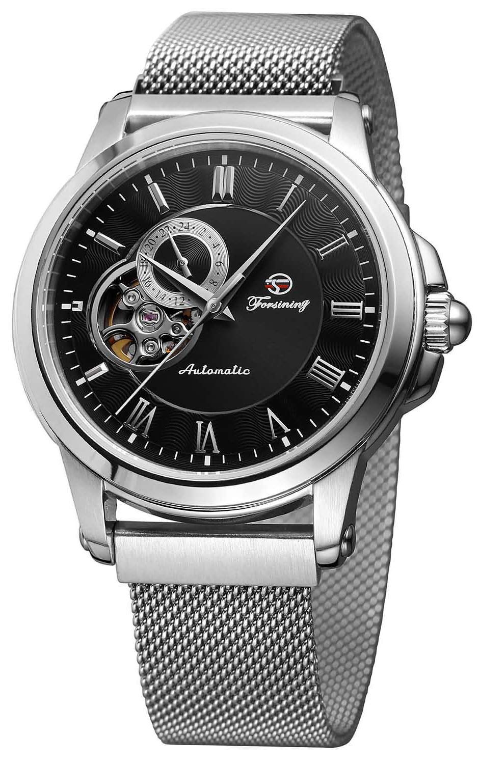 MASTOP Men's Automatic Skeleton Watch - Stainless Steel Mesh Band with Roman Numerals - Waterproof Mechanical Wristwatch for Business, Casual & Formal Occasions