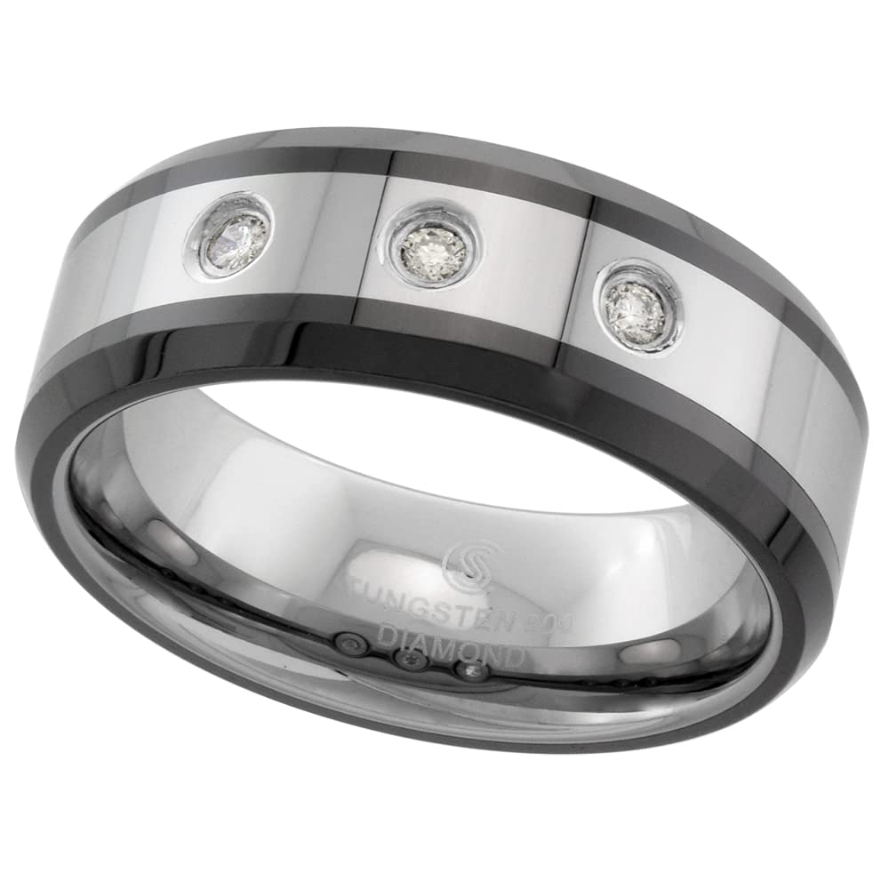 Sabrina Silver 2-Ring Set 6mm & 8mm Tungsten 3 Stone Diamond Wedding Band - Beveled Black Ceramic Edges, Comfort Fit Sizes 5-13 - Perfect for Anniversary Gifts & Bridal Jewelry