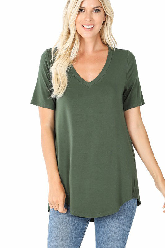 Women's Short Sleeve V-Neck Hi-Low Hem T-Shirt - Casual Summer Top for Daily Wear & Outings