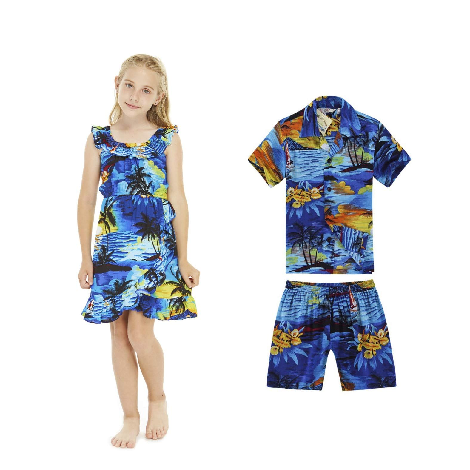 Matching Hawaiian Luau Wrap Outfits for Siblings - Boy & Girl Tropical Sunset Print Outfits for Beach Party, Family Vacation & Summer Photos
