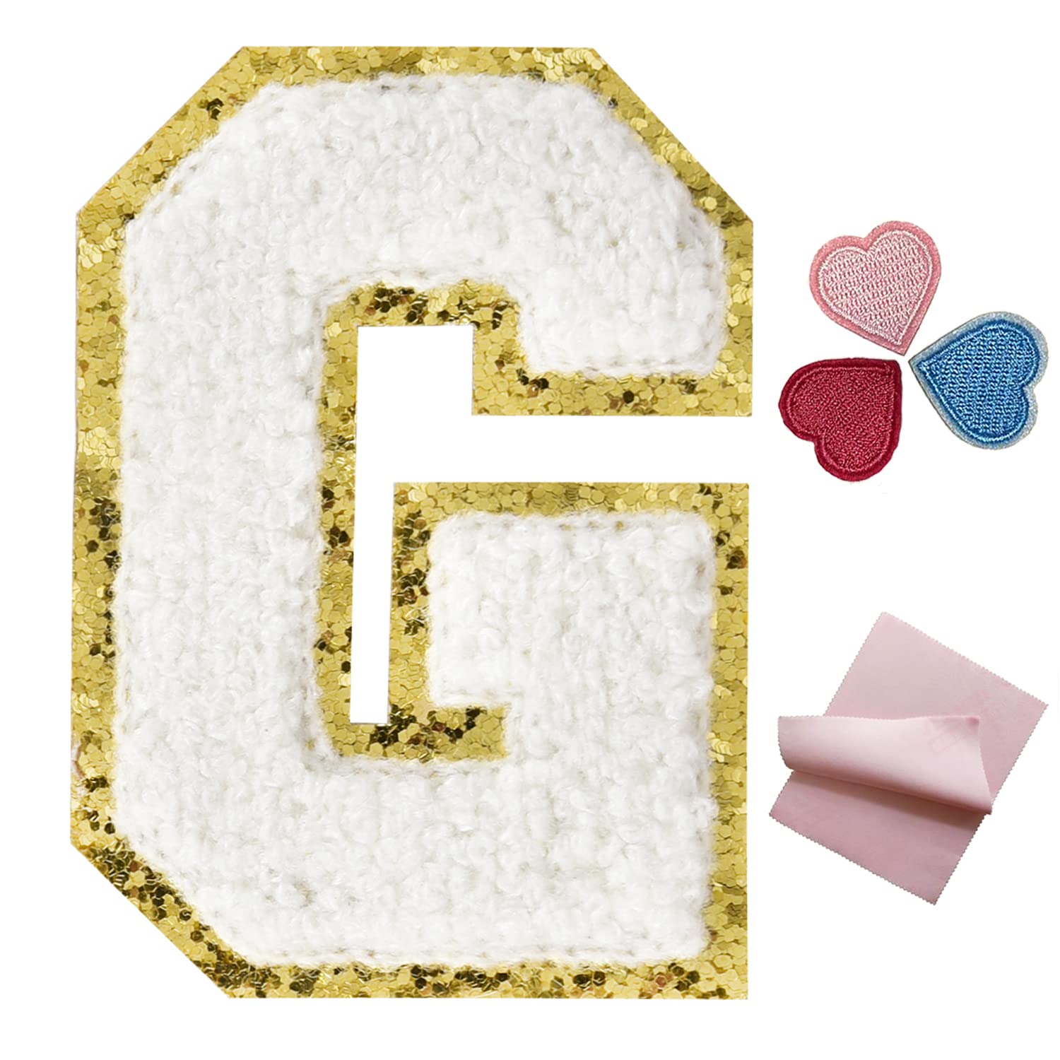Varsity Letter Patches - White Iron-On Chenille Letters for Clothing & Backpacks (6-Piece Set, 3.14 Inch Height, Letter G) - Perfect for Customizing Jackets, Jeans, School Bags & DIY Crafts