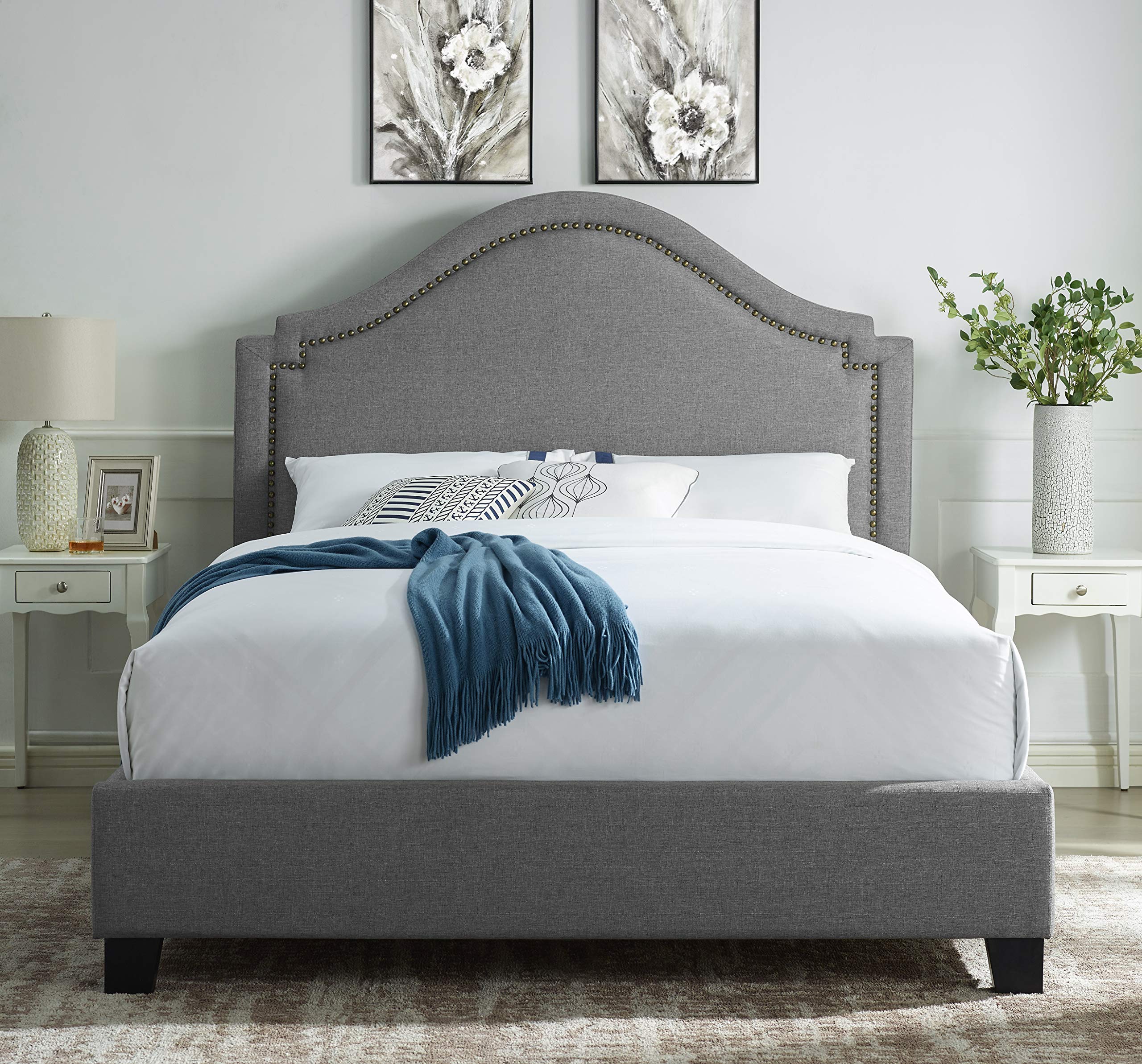 Roundhill Furniture LIDA Upholstered Panel Bed with Nailhead Trim - King Size Gray Upholstered Bed Frame for Master Bedroom | Elegant Bedroom Furniture with Tufted Headboard
