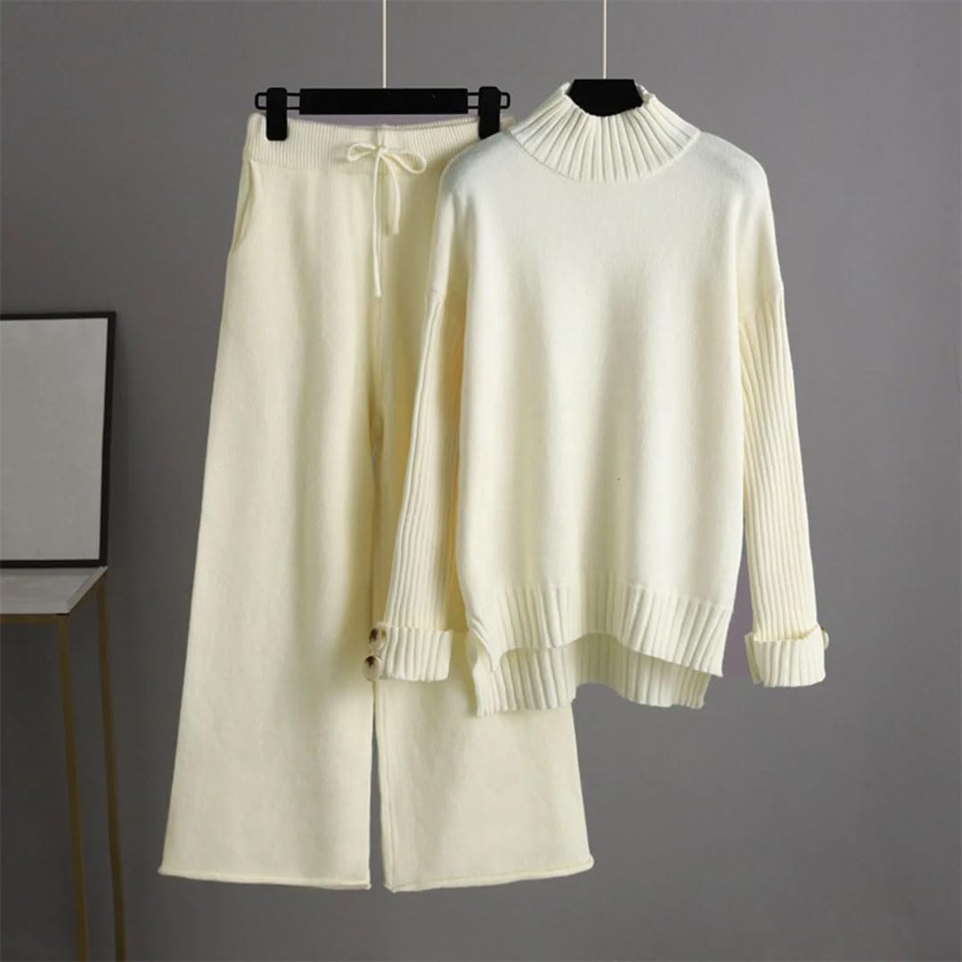 Women's Knitted Turtleneck Sweater & Wide Leg Pants Set - Solid Color Loose Fit Warm Tracksuit Outfit for Casual Wear, Office & Winter Fashion