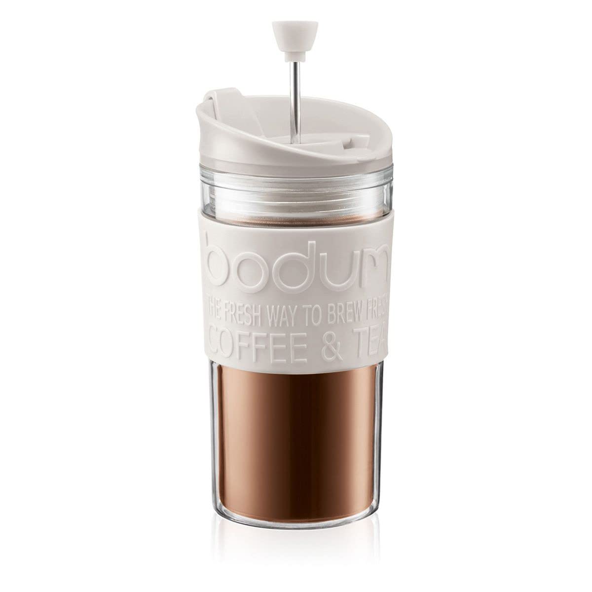 Bodum K11102-913 12 oz White Travel Press Coffee Maker with Extra Lid - Perfect for Camping, Office & On-the-Go Brewing
