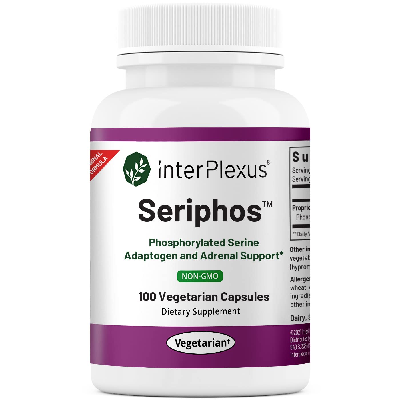 InterPlexus Seriphos - Phosphorylated Serine Adaptogen & Adrenal Support Supplement - Promotes Healthy Cortisol Levels & Stress Relief - Gluten-Free, Dairy-Free, Soy-Free - 100 Capsules (100 Servings) - Ideal for Stress Management & Adrenal Fatigue Recovery