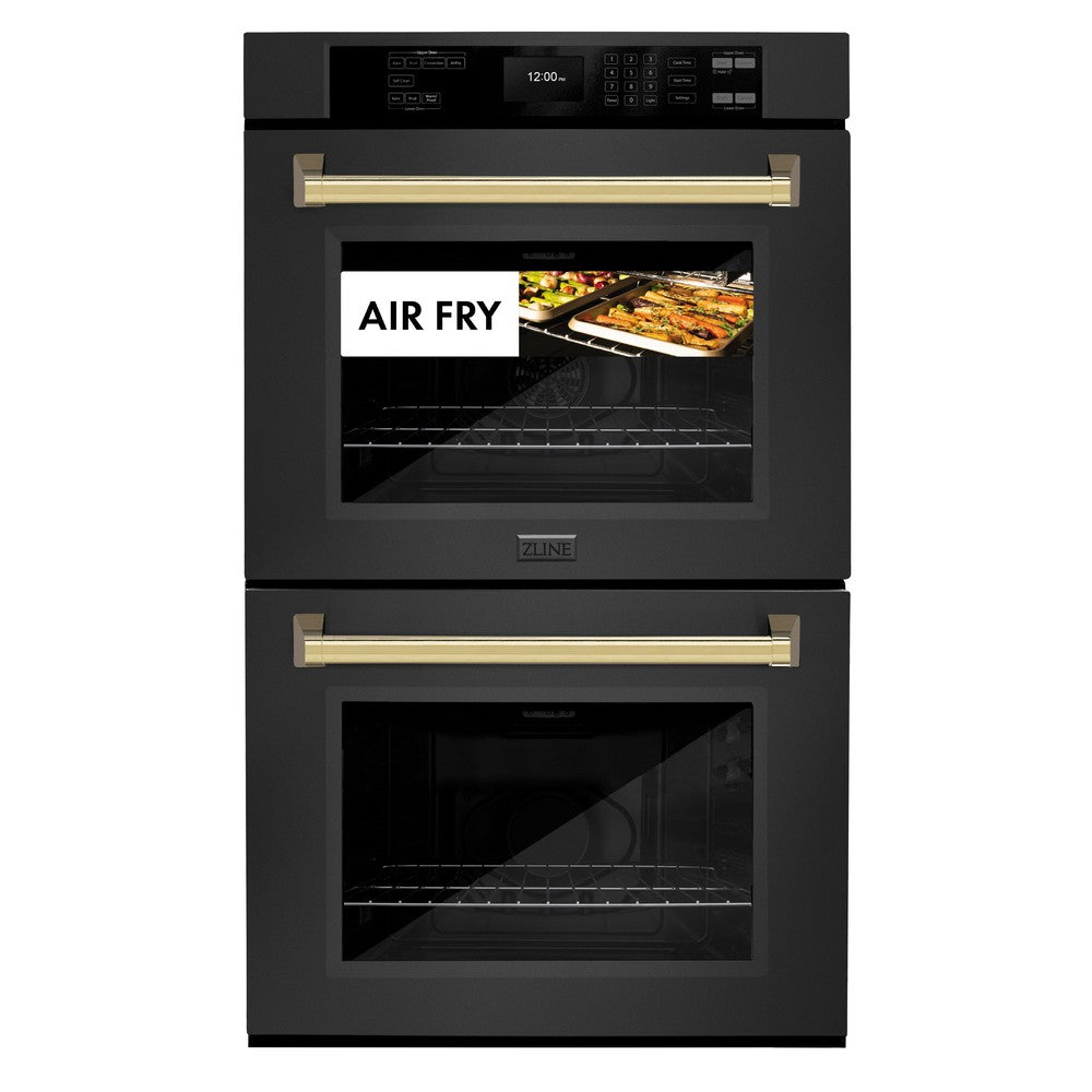 ZLINE Autograph Edition 30 Inch Black Stainless Steel Double Wall Oven with Air Fry & Self Clean - Professional True Convection Oven with Polished Gold Handles (WADBZ 30 G) - Perfect for Home Chefs & Modern Kitchens