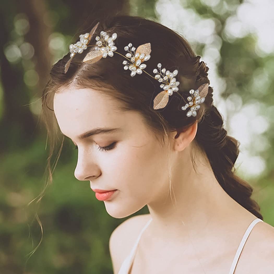 Elegant Golden Leaf Pearl Bridal Headpiece - Alloy Tie Back Princess Headband for Wedding Bride & Bridesmaid | Women's Prom Photography Hair Accessories | Perfect for Weddings, Proms, and Special Occasions