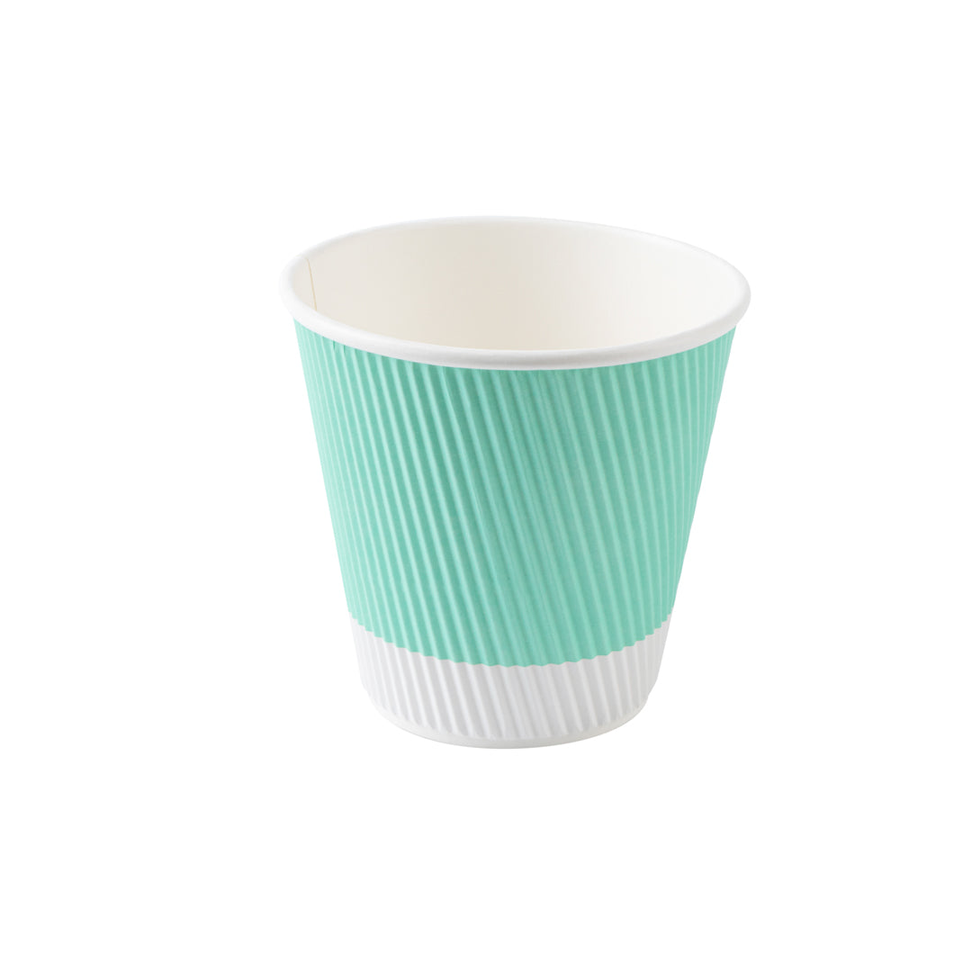 Eco-Friendly 8 oz Light Green Ripple Wall Paper Coffee Cups with White Lids - 3.5