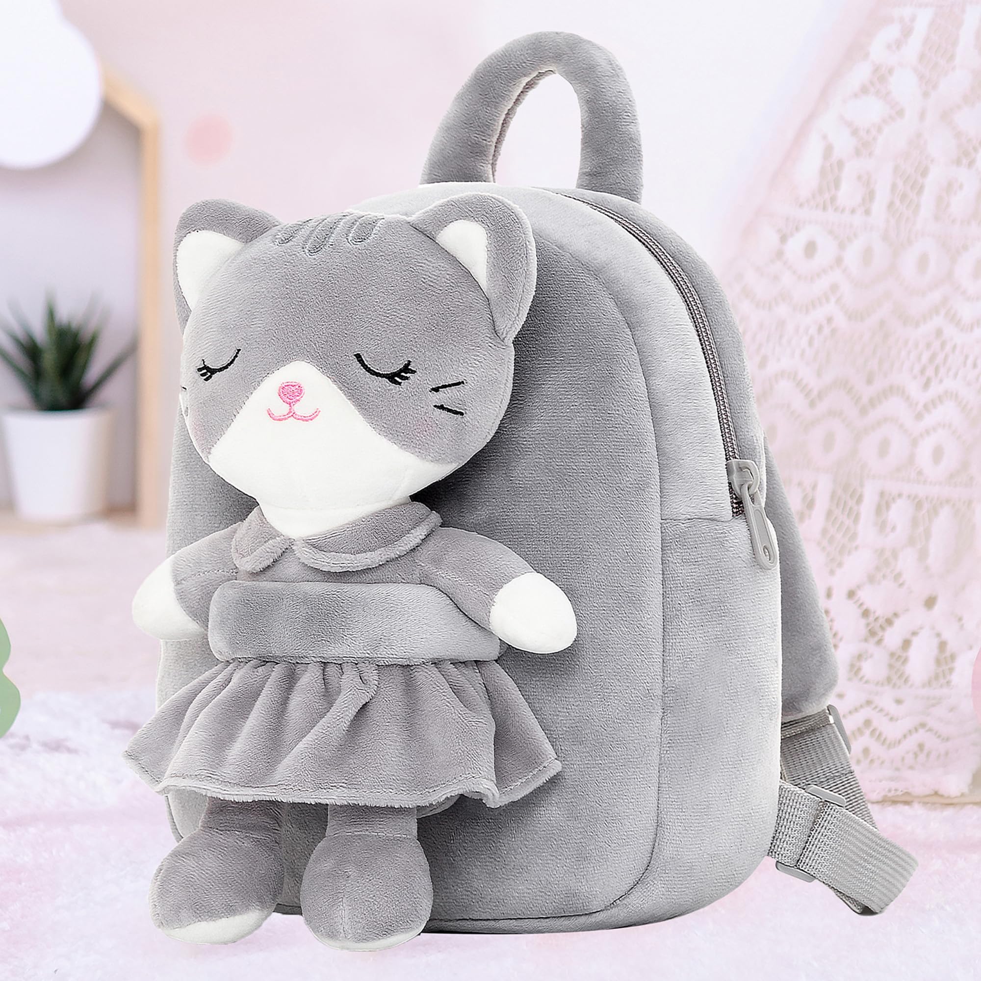 **Adorable Gray Cat Stuffed Animal Backpack for Toddlers & Kids - 9.5