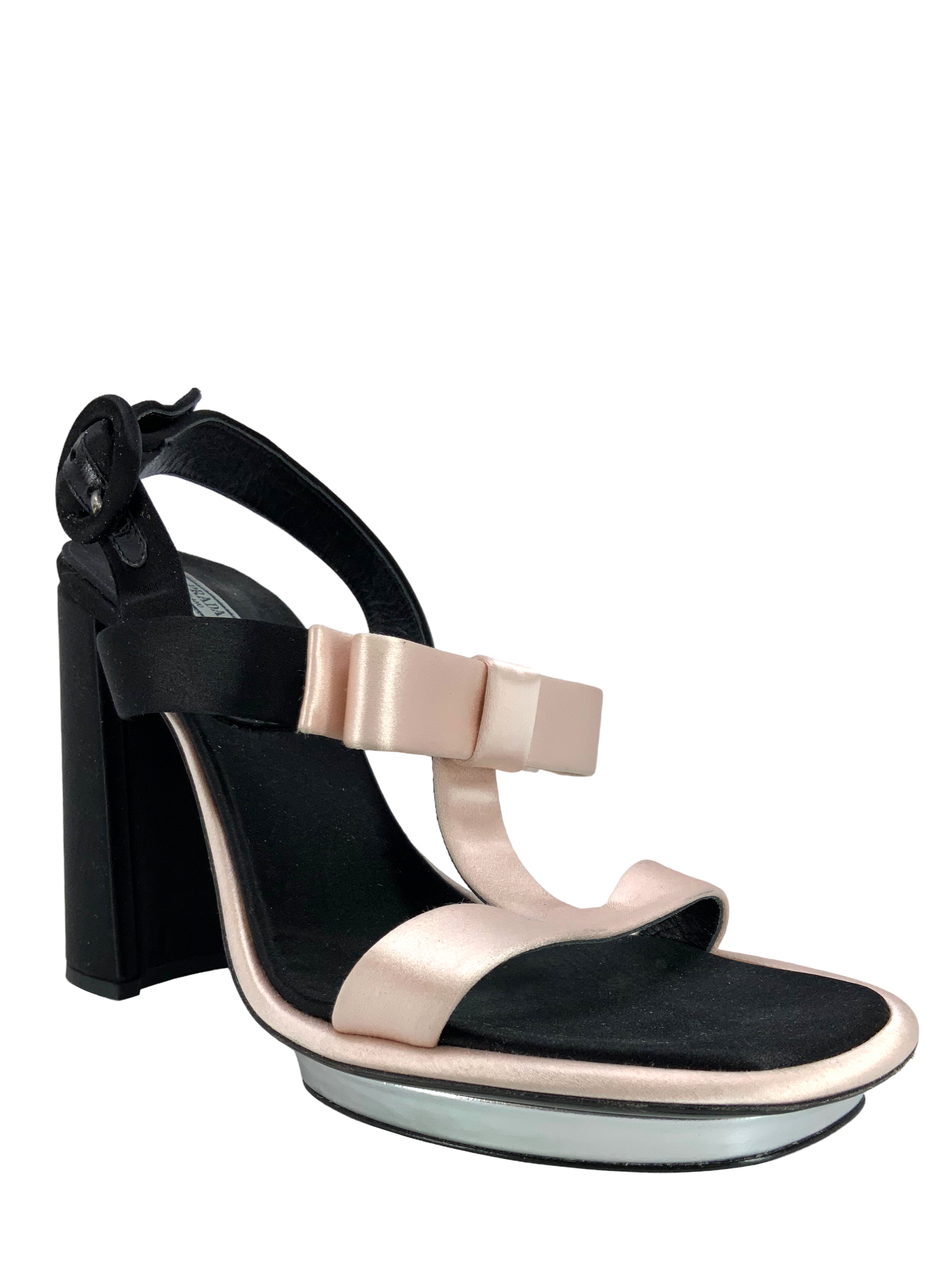 PRADA Women's Satin Bow Embellished T-Strap Block Heel Sandals - Size 9 | Luxury Designer Heels for Weddings, Parties & Special Occasions