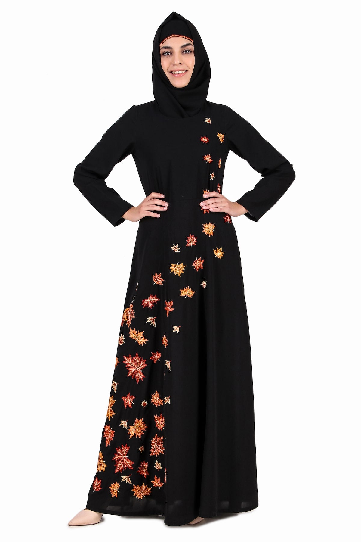 Elegant Falling Leaf Embroidery Flared Abaya Dress - Muslim Women's Long Sleeve Maxi Dress for Prayer, Mosque & Special Occasions