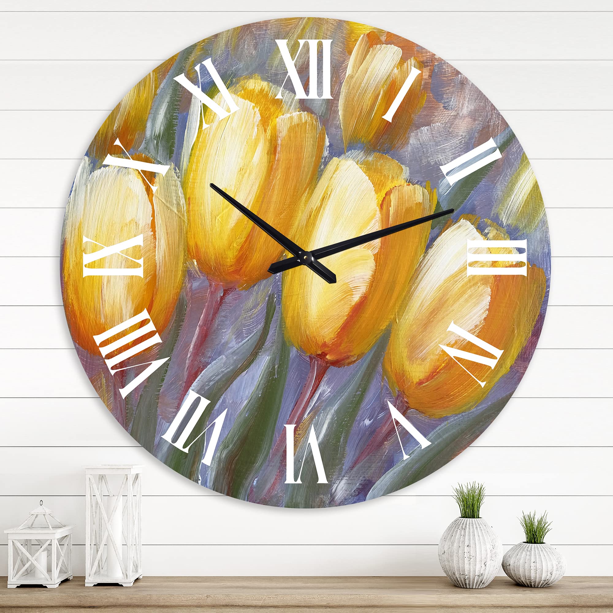 DesignQ Traditional Wall Clock 'Yellow Blooming Tulips' - Large Floral & Botanical Wall Clock for Living Room, Bedroom, Office Decor - Perfect for Home, Kitchen, and Office Spaces