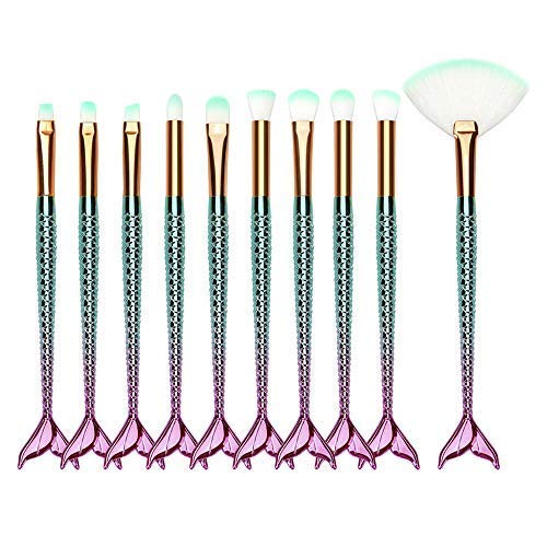 TYA GIRL 10-Piece Synthetic Fiber Makeup Brush Set - Eyeliner, Eyeshadow Blending & Fish Tail Brushes (Multicolor, Green) - Perfect for Professional Makeup Artists & Beginners