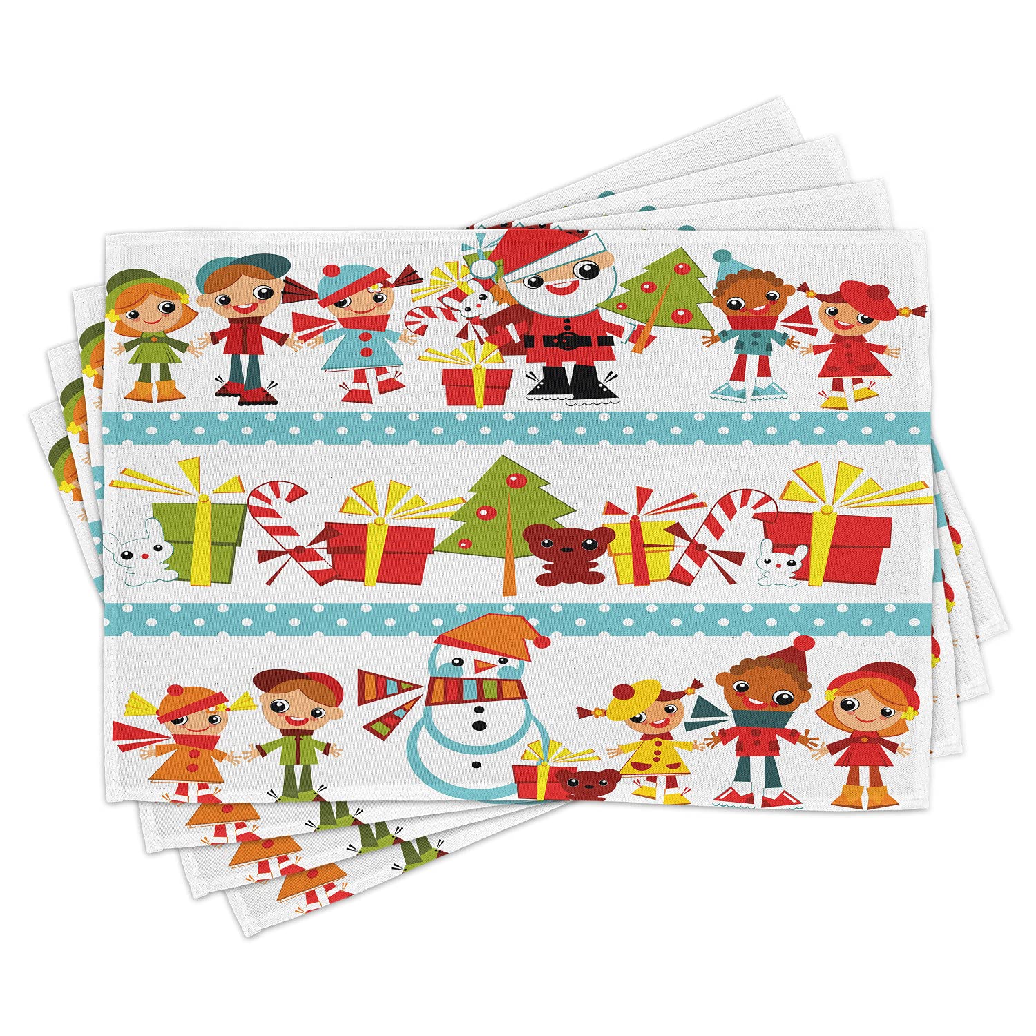 Ambesonne Christmas Place Mats Set of 4 - Santa Giving Gifts Holiday Theme Washable Fabric Dining Table Mats (Standard Size, Multicolor) - Perfect for Christmas Dinner, Holiday Parties & Festive Home Decor