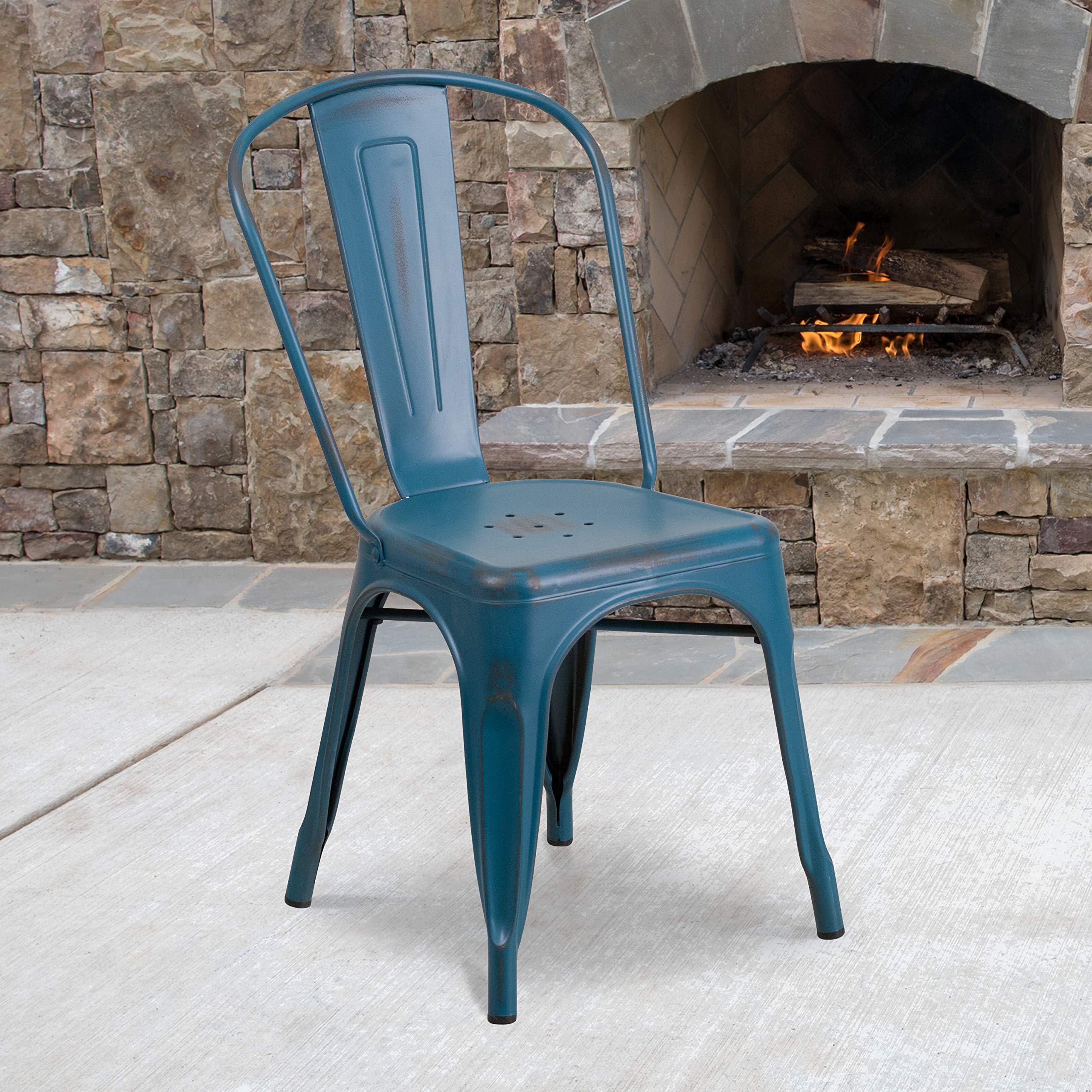 EMMA + OLIVER Commercial Grade Distressed Blue Metal Indoor-Outdoor Stackable Chair - Durable Patio, Garden, Restaurant & Event Seating
