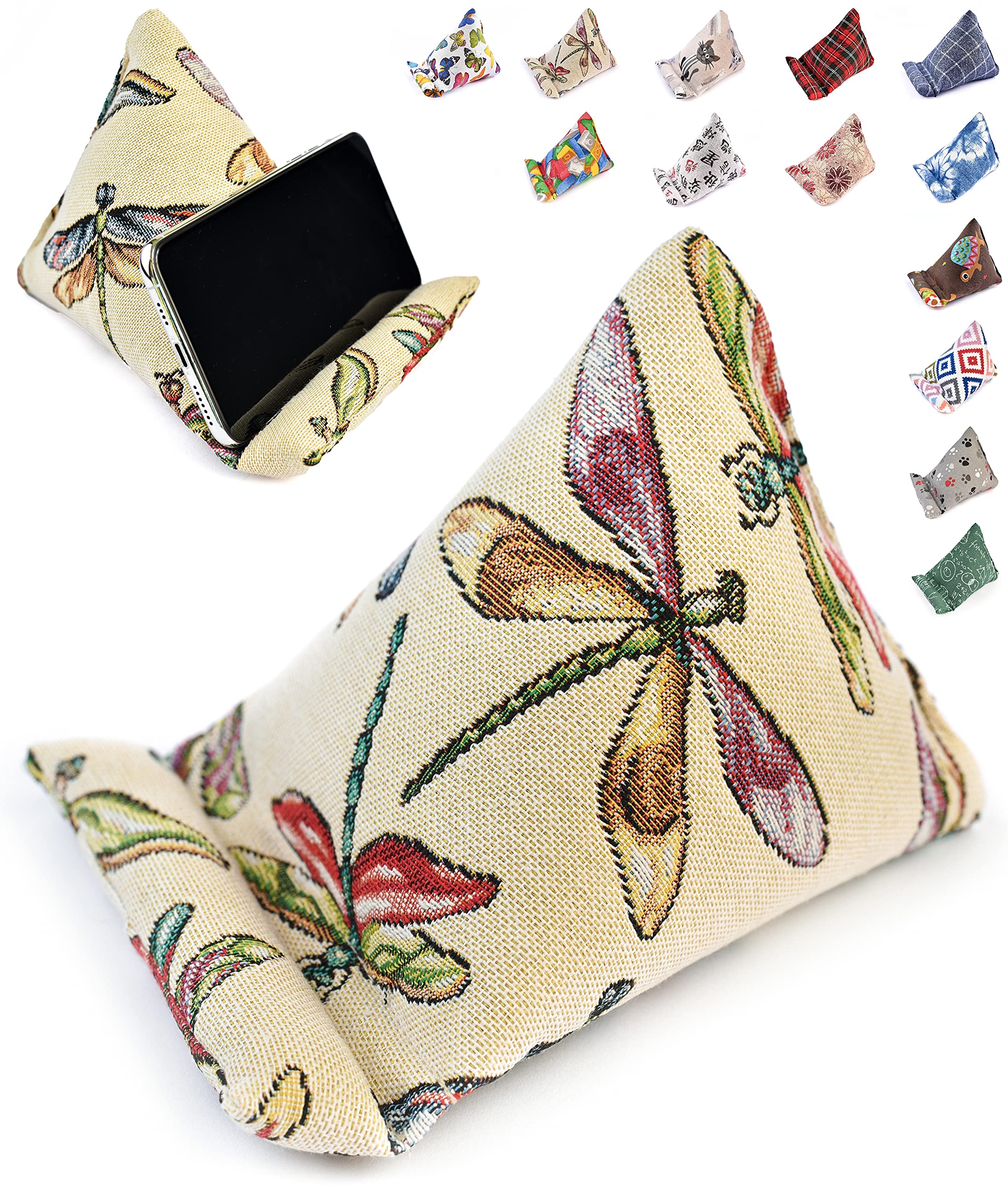 Handmade Fabric Phone Pillow Stand for iPhone & Smartphones - The Wedge Mobile Device Holder (7x6.1x5.5 Inches, Dragonfly Design) - Perfect for Bed, Sofa, Desk & Travel Use