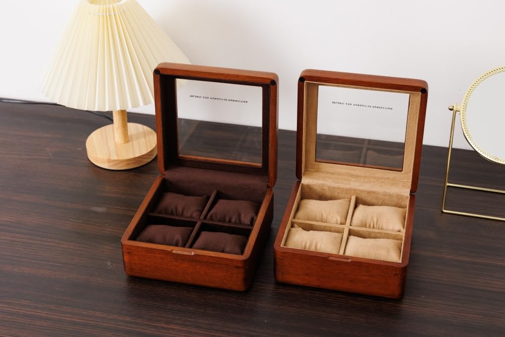 Premium 4-Slot Wooden Watch Box with Glass Lid - Luxury Watch Storage Organizer & Travel Case for Men - Perfect for Display, Gifts, and Travel Accessories
