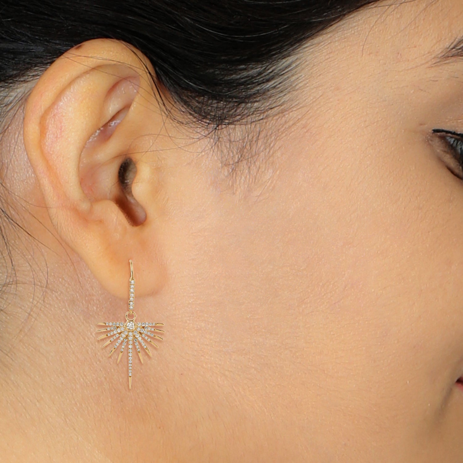 18K Yellow Gold Pave Diamond Starburst Earrings - Elegant Dangle Earrings for Women, Perfect for Weddings, Parties & Special Occasions