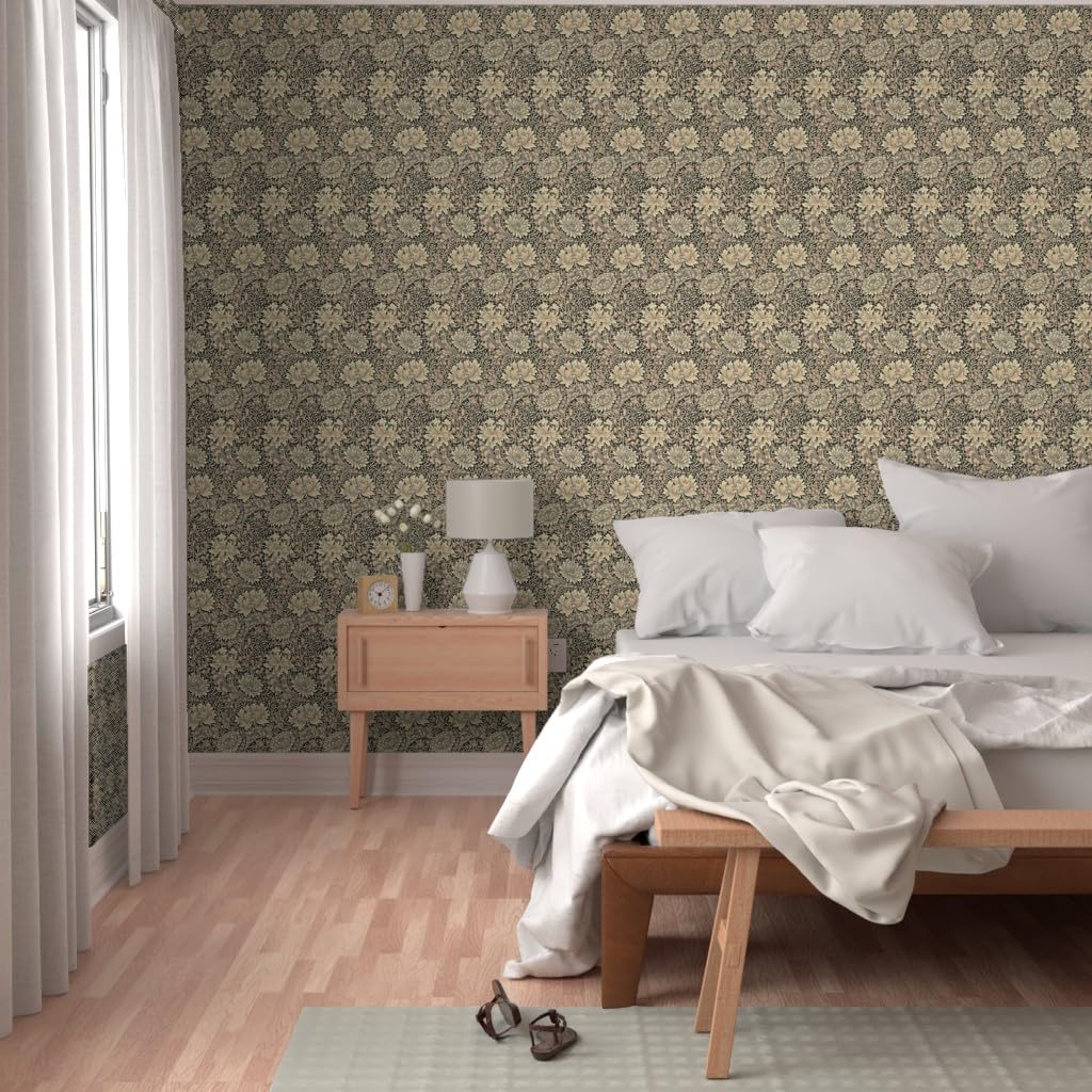 Peel & Stick Wallpaper 9ft x 2ft - Wood Brown Floral Beige Daisy Nouveau Chrysanthemum Pattern | Removable Self-Adhesive Wallpaper for Bedroom, Living Room & Nursery Decor | Easy DIY Home Improvement