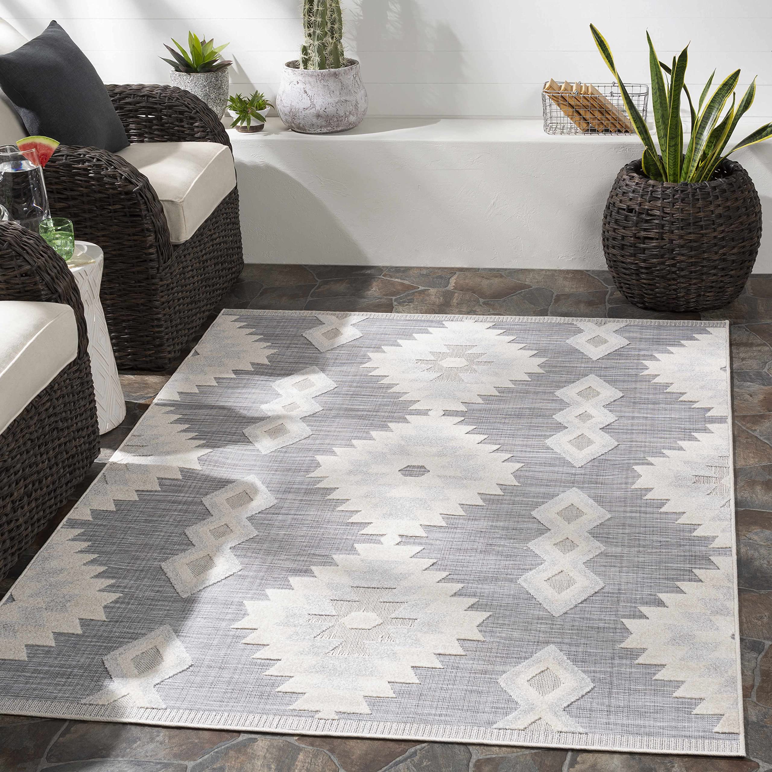 Hauteloom Alburg Southwestern Area Rug - Cream, Light Slate, Gray - 7'10