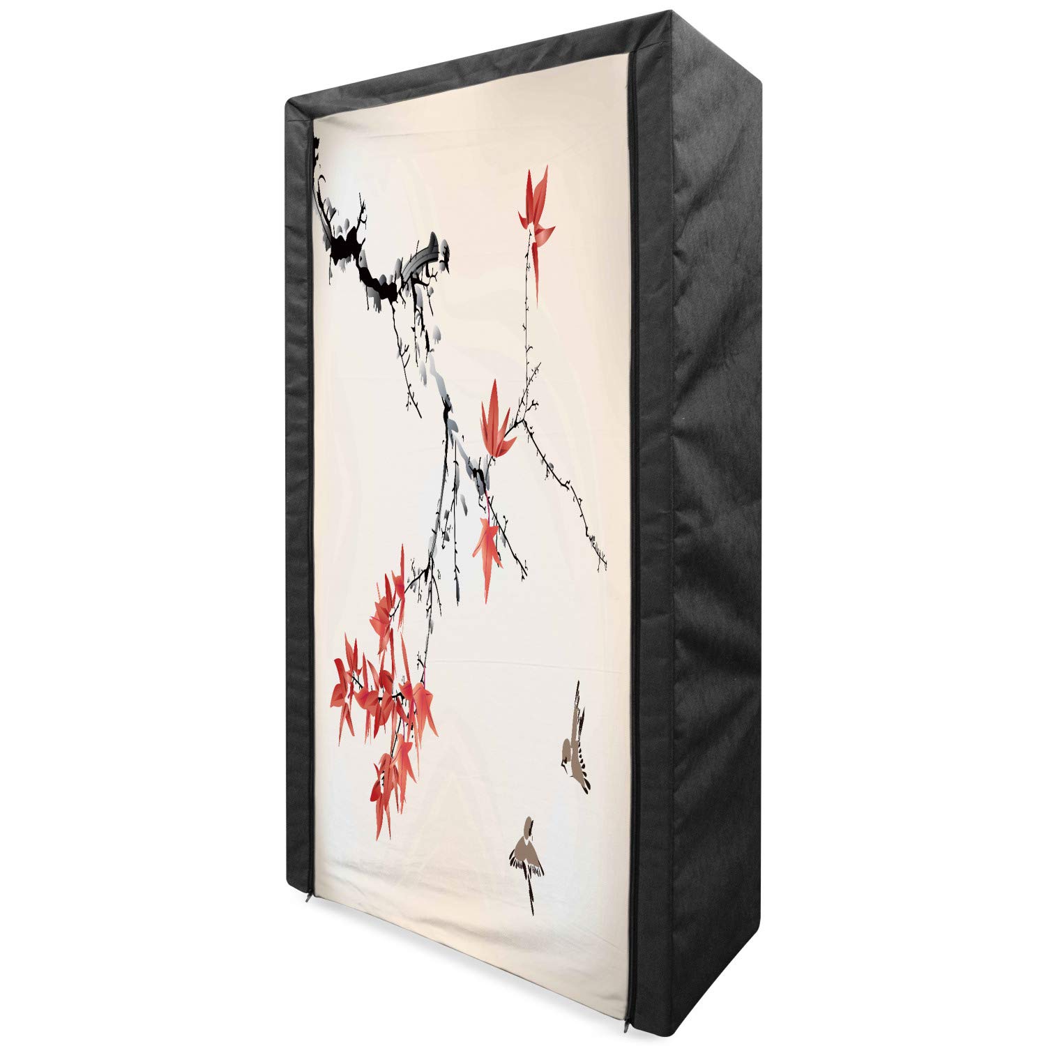 Ambesonne Japanese Cherry Blossom Fabric Wardrobe - Portable Clothing Organizer with Shelves, 33.5 Inch Sakura Tree Watercolor Design in Coral Black - Perfect for Bedroom, Closet & Dorm Storage (Spring Themed Wardrobe)
