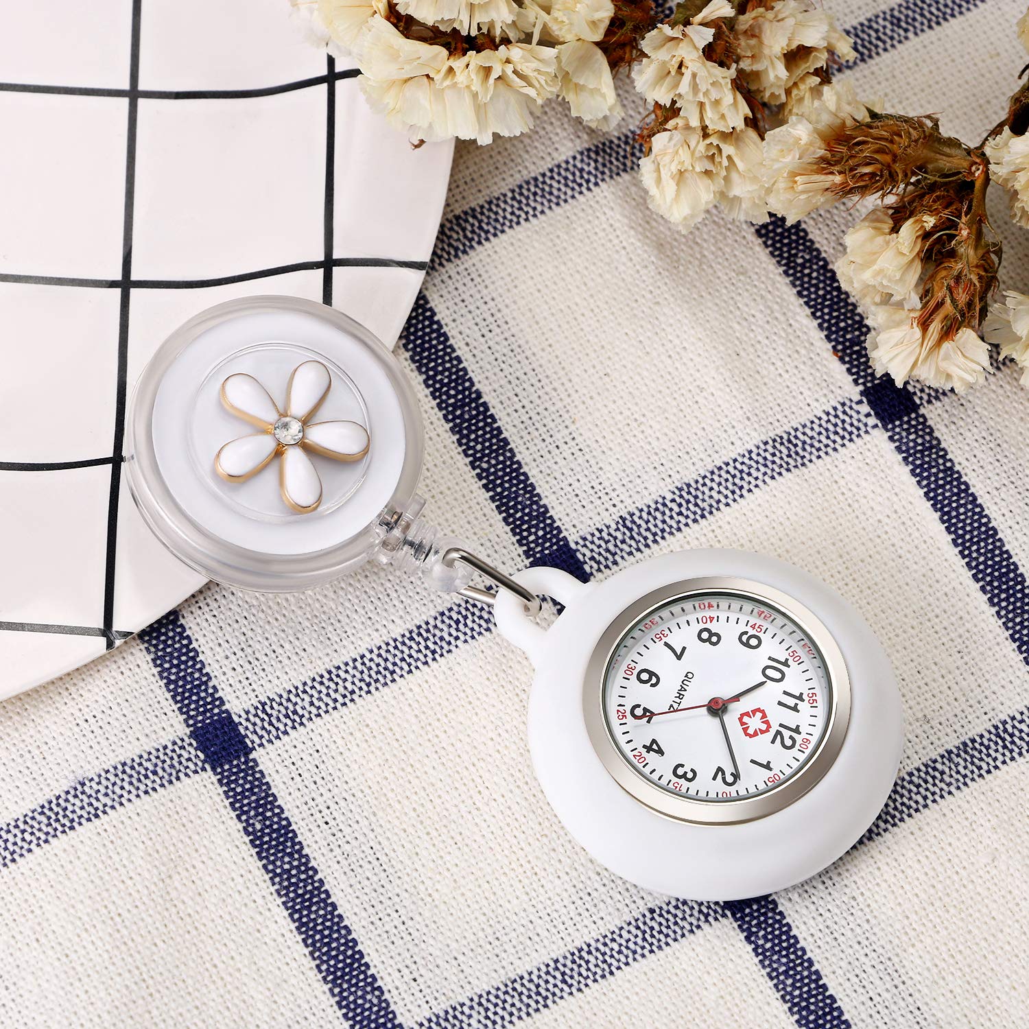 Lancardo Clip-On Nurse Watch for Medical Professionals - White Silicone Badge Watch with Leaves Pattern & Retractable Stethoscope Fob | Perfect for Doctors, Nurses, Healthcare Workers in Hospitals & Clinics