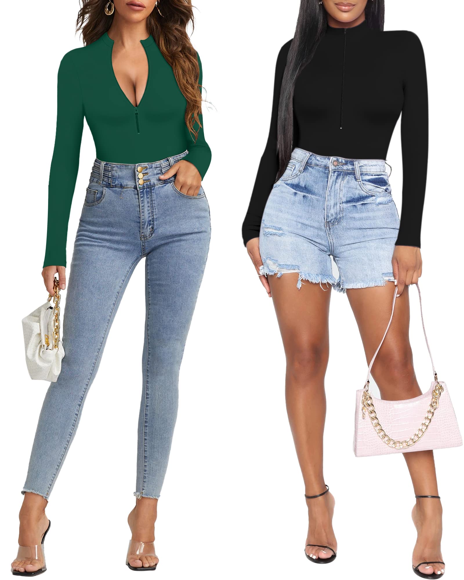 MANGOPOP Women's Sexy Ribbed Long Sleeve Bodysuit with Mock Turtle Neck & Deep V Zip Up - Perfect for Date Night, Club Outfits and Layering Under Blazers