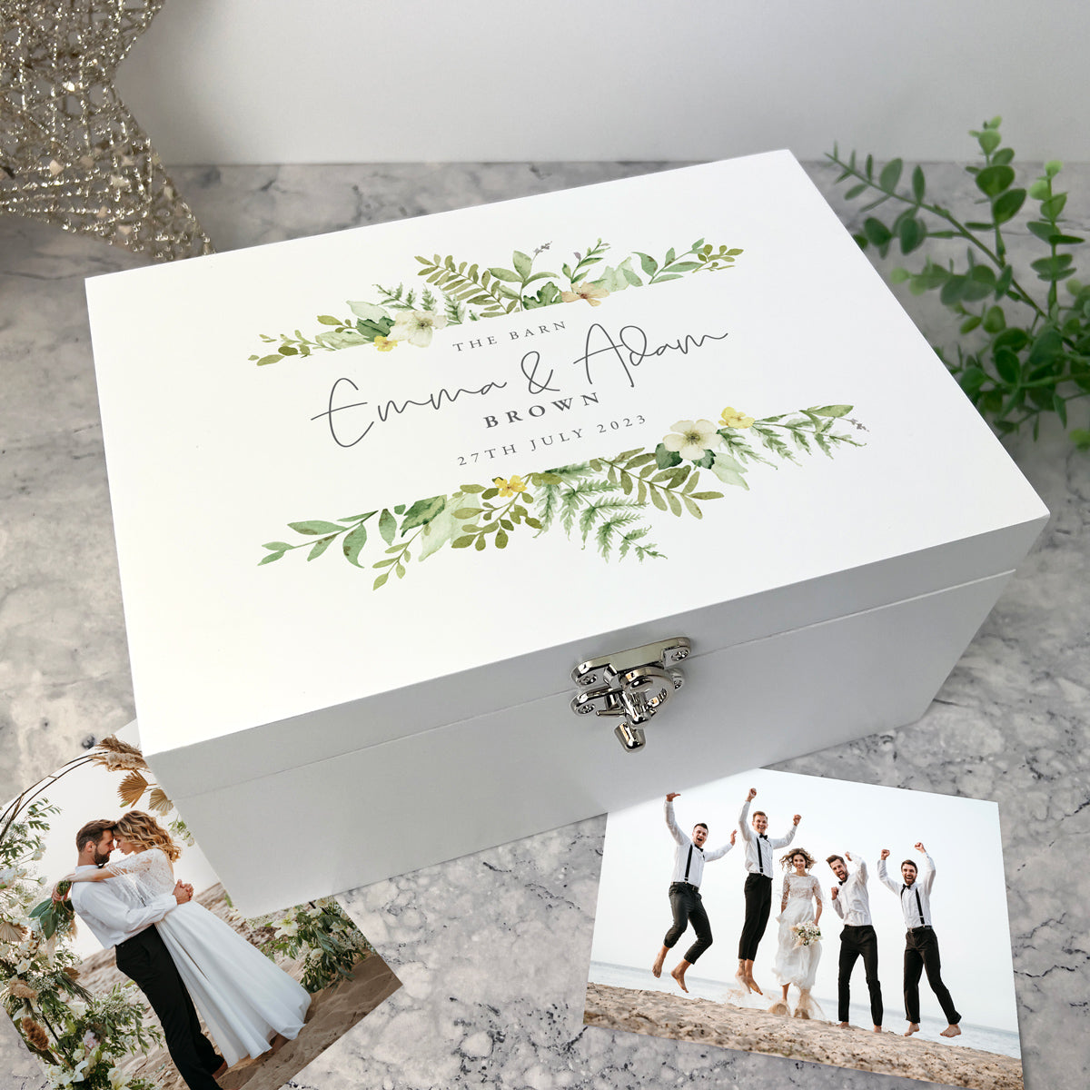 Personalized Yellow & Green Floral Wedding Memory Box - White Wooden Keepsake Gift Box for Bride & Groom (3 Sizes: 22cm, 27cm, 30cm) - Perfect for Wedding Favors, Anniversary Gifts & Bridal Shower Decorations
