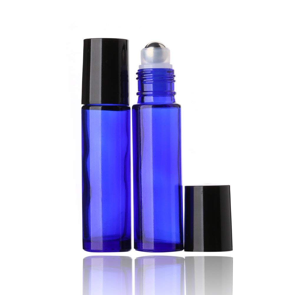 DINEMART 10ml (1/3oz) Empty Glass Roll On Bottles with Stainless Steel Roller Ball - Cobalt Blue Aromatherapy Bottles for Essential Oils, Perfume & Lip Balm (Set of 3) - Perfect for DIY Skincare, Travel & Gift Packaging