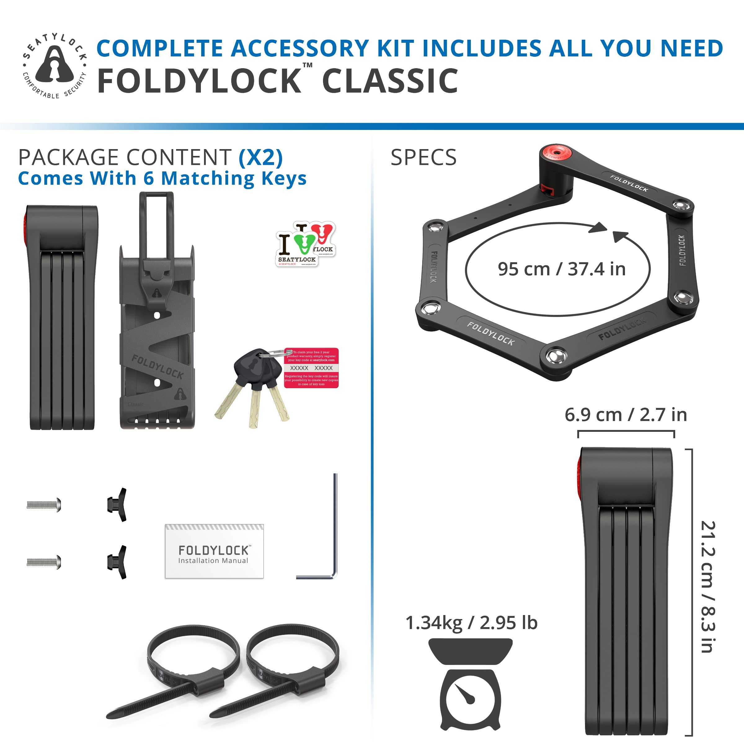 Seatylock FoldyLock Classic Folding Bike Lock Set - Heavy Duty Anti-Theft Bicycle Security with 2 Patented Locks & 6 Keys - 37.4