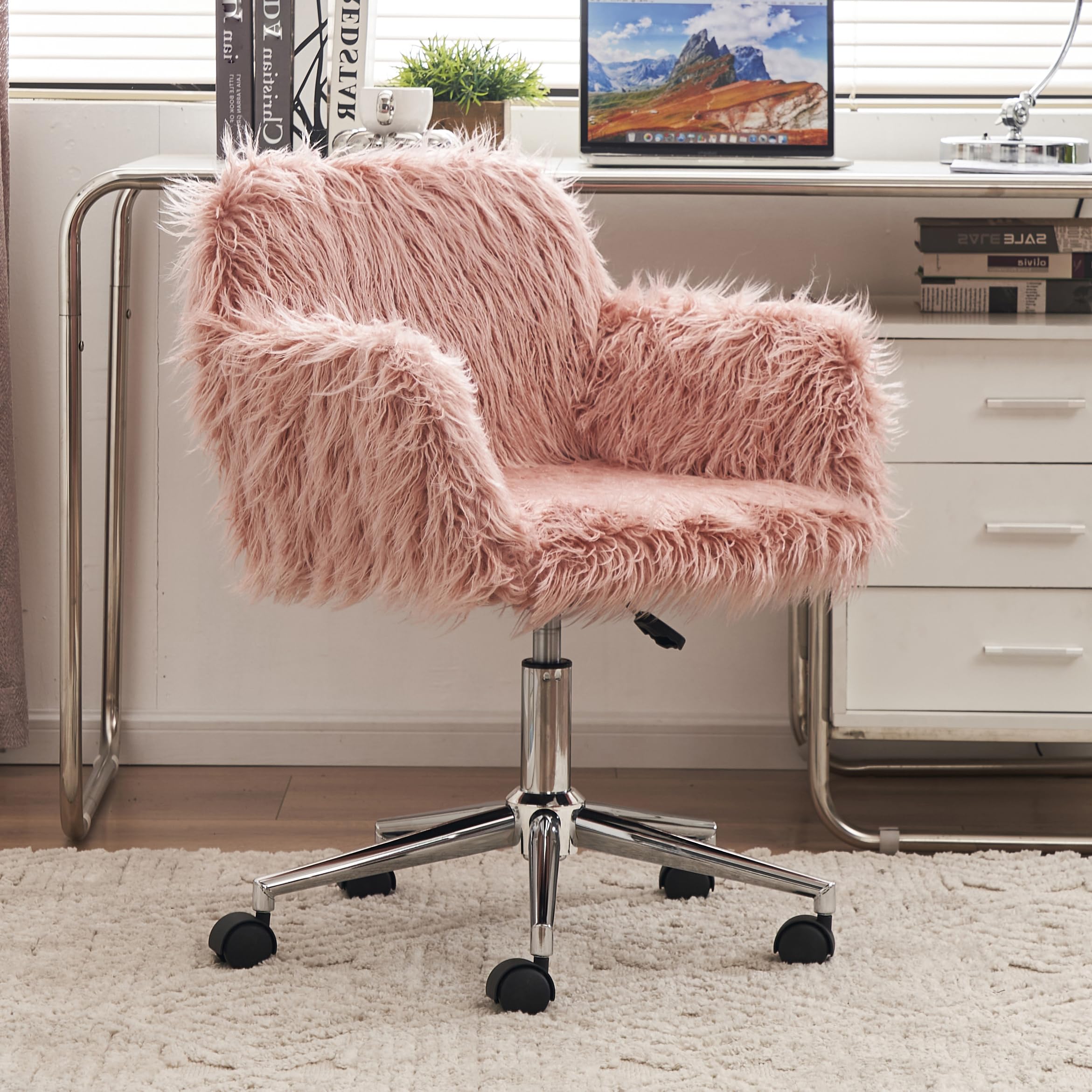 Fluffy Faux Fur Swivel Desk Chair - Adjustable Height Modern Home Office Chair for Women & Girls, Pink Vanity Accent Chair for Bedroom, Living Room & Makeup Room - Perfect for Work, Study and Relaxation
