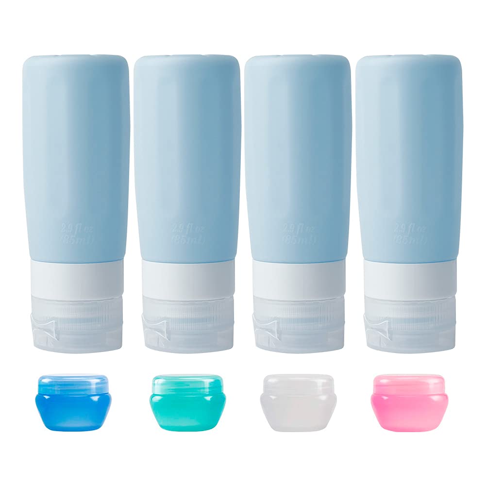 TSA Approved 3oz Leakproof Silicone Travel Bottles (8 Pack) - 4 Lanyard + 4 Squeeze Bottles for Shampoo, Conditioner, Lotion & Body Wash | Perfect for Air Travel, Gym, Camping & Vacation Toiletries