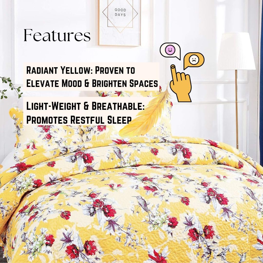 DaDa Bedding Queen Size 3-Piece Floral Bedspread Set - Vibrant Sunshine Yellow with Hummingbirds & Red Flowers, Scalloped Edge Quilted Coverlet - Farmhouse & Garden Style for Bedroom Decor - Perfect for Spring & Summer Home Styling