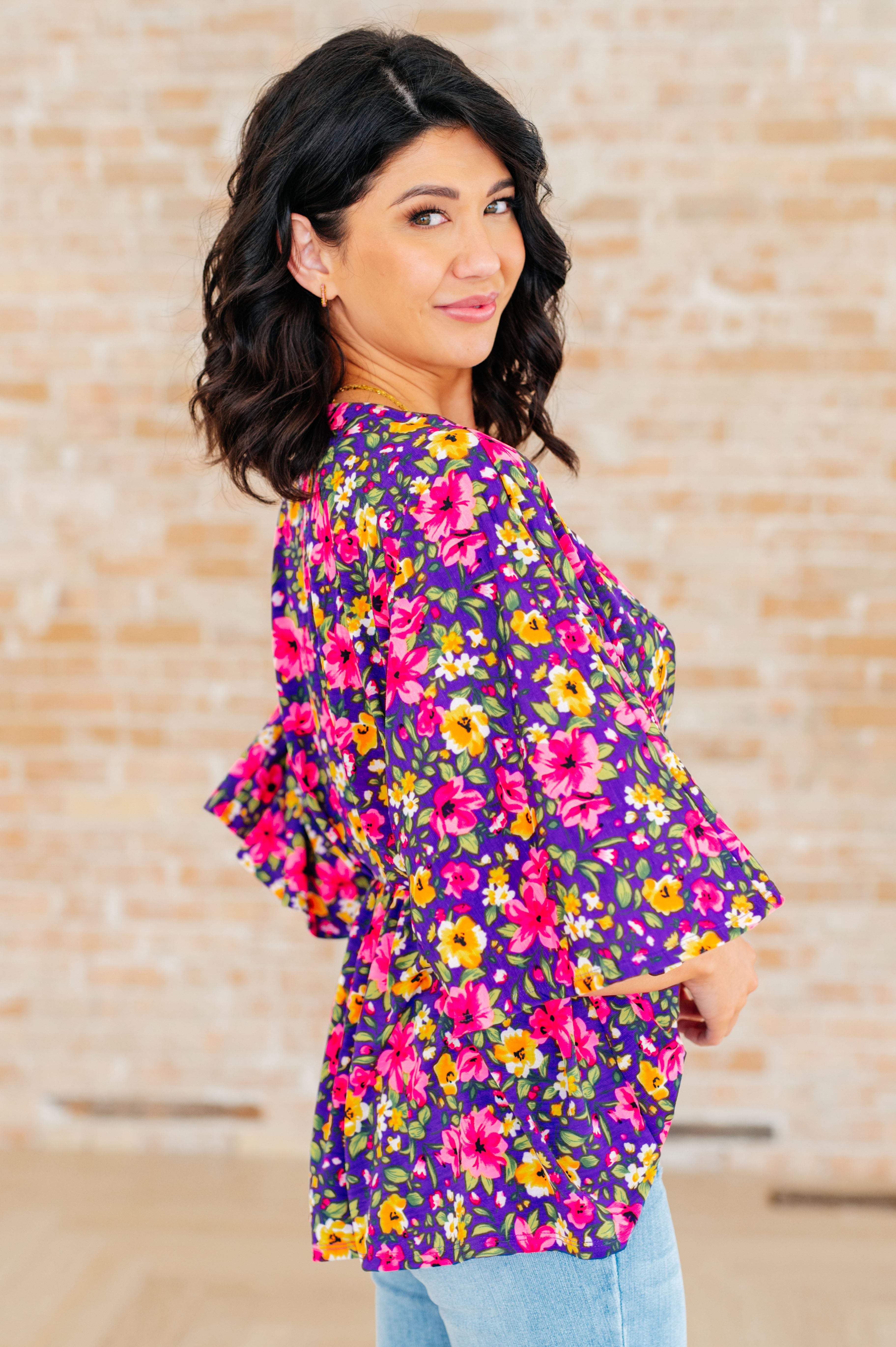 Dreamer Peplum Top - Floral Print Women's Blouse in Purple & Pink | Casual Wear, Office Outfit, Party Dress