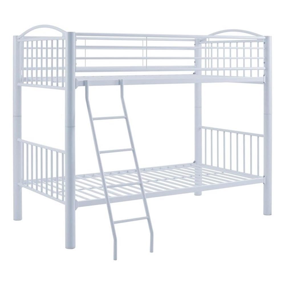 Powell Furniture Linon Heavy Duty Metal Twin Bunk Bed in White - Space-Saving Kids Bedroom Furniture for Siblings or Sleepovers
