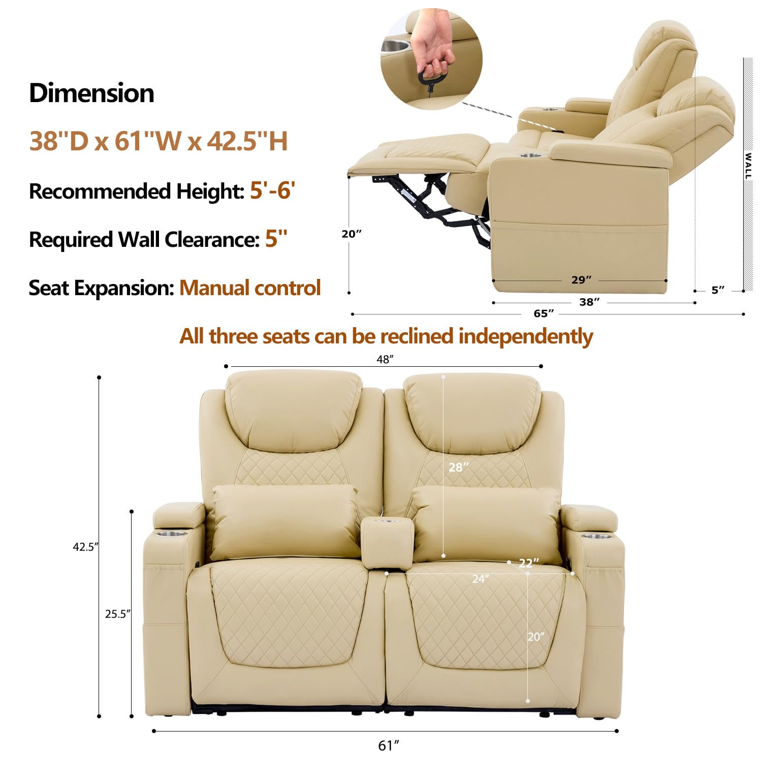 Premium Wall Hugger Recliner Sofa - 2-Seater PU Leather Home Theater Seating with Removable Armrests & Pillows - Perfect for Living Rooms, Home Theaters & RVs (Beige) | Comfortable Movie Nights & Family Relaxation