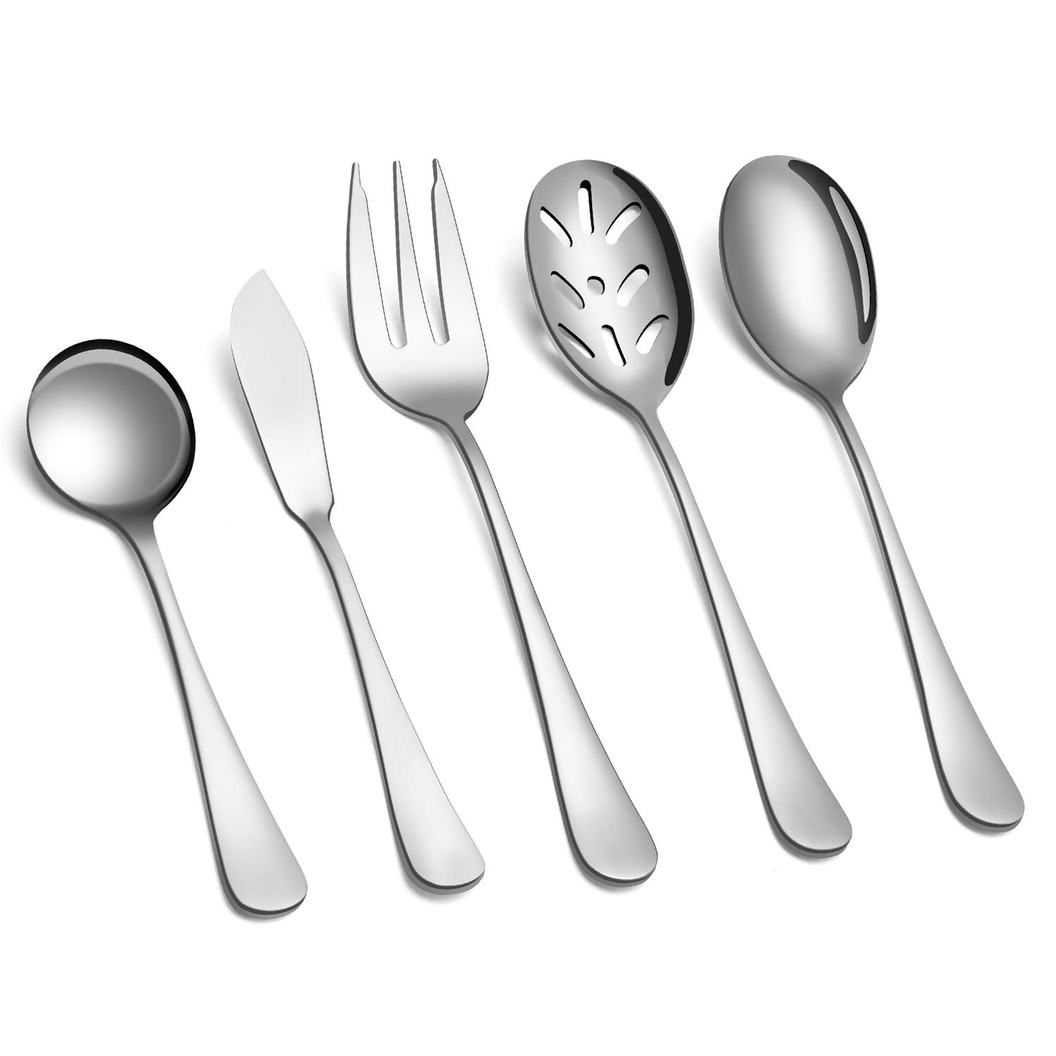 SHARECOOK 5-Piece 18/0 Stainless Steel Serving Set - Mirror Polished Hostess Utensils with Round Edge (Spoon, Fork, Butter Knife & Slotted Spoon) | Dishwasher Safe & Rustproof | Perfect for Dinner Parties, Buffets & Formal Dining