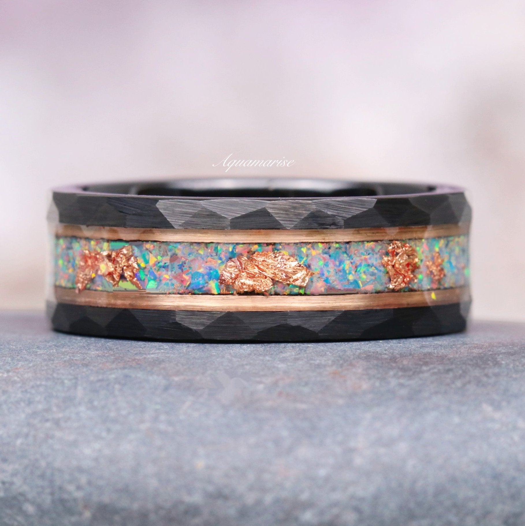 Light Blue Fire Opal & Rose Gold Leaf Wedding Band - 8MM Black Tungsten Ring for Women - Elegant Bridal Jewelry, Anniversary Gift, Promise Ring for Special Occasions