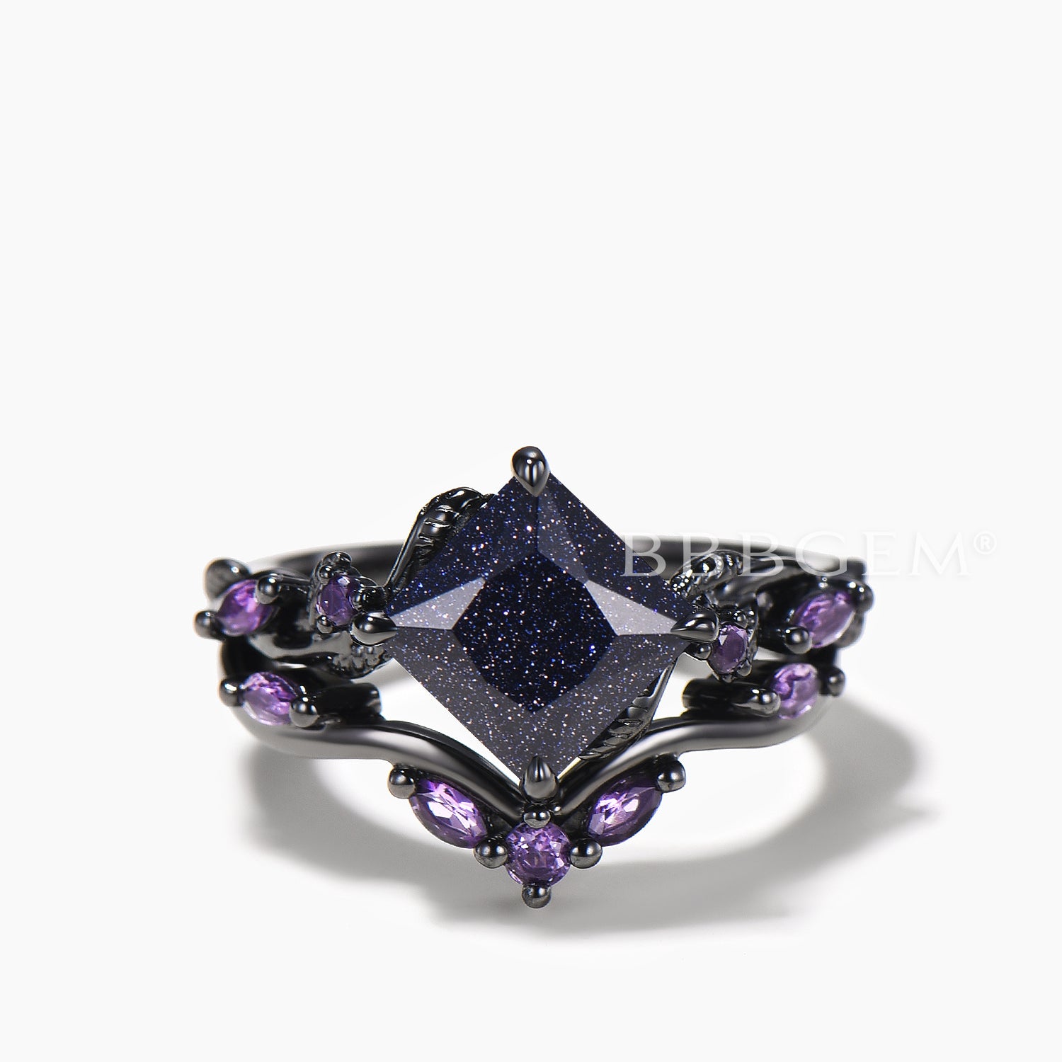 Princess Cut Blue Sandstone & Amethyst Twisted Ring Set – Nature Inspired Bridal Jewelry for Engagement, Wedding & Anniversary Gifts