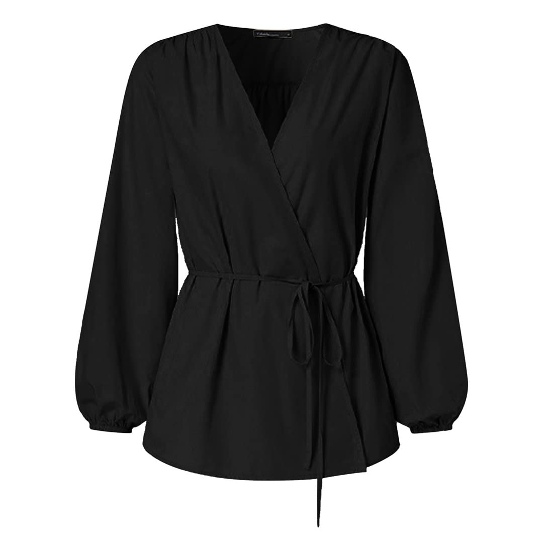Elegant Women's Long Sleeve V-Neck Ruffle Blouse - Off Shoulder Tie Waist Wrap Top in Black (Size L) | Perfect for Date Nights, Office Wear & Special Occasions
