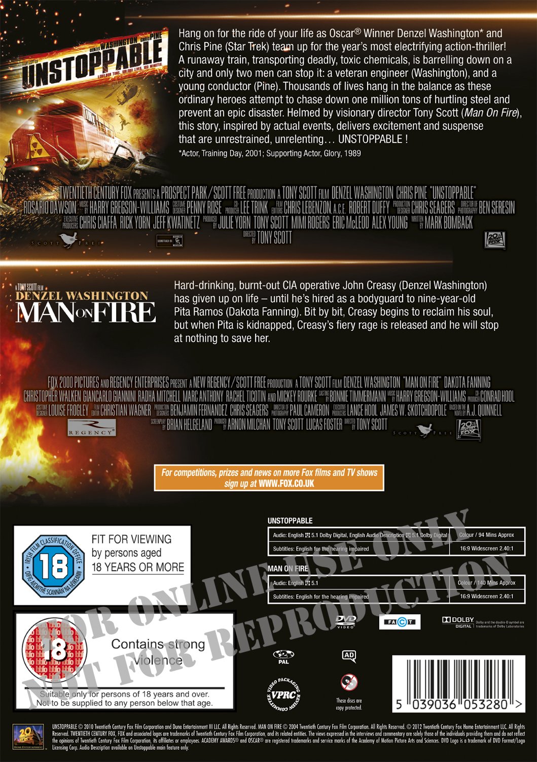 Unstoppable & Man on Fire Action Movie Double Pack DVD (2004) - Perfect for Movie Nights and Action Film Collections