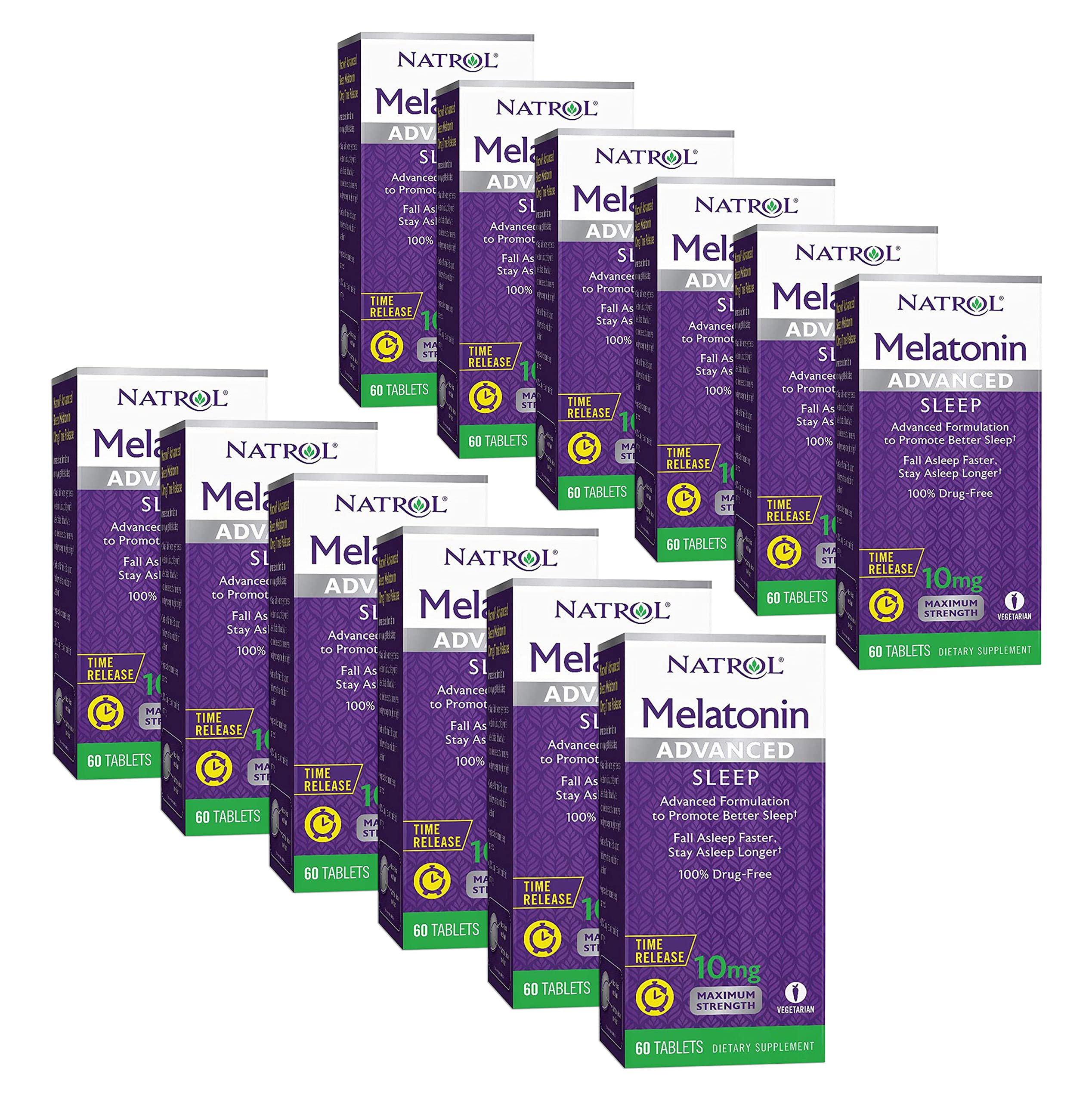 Natrol Advanced Sleep Melatonin Tablets 10mg - Maximum Strength Sleep Aid, 60 Count (Pack of 12) - Supports Deeper Sleep & Faster Sleep Onset for Travelers & Night Shift Workers