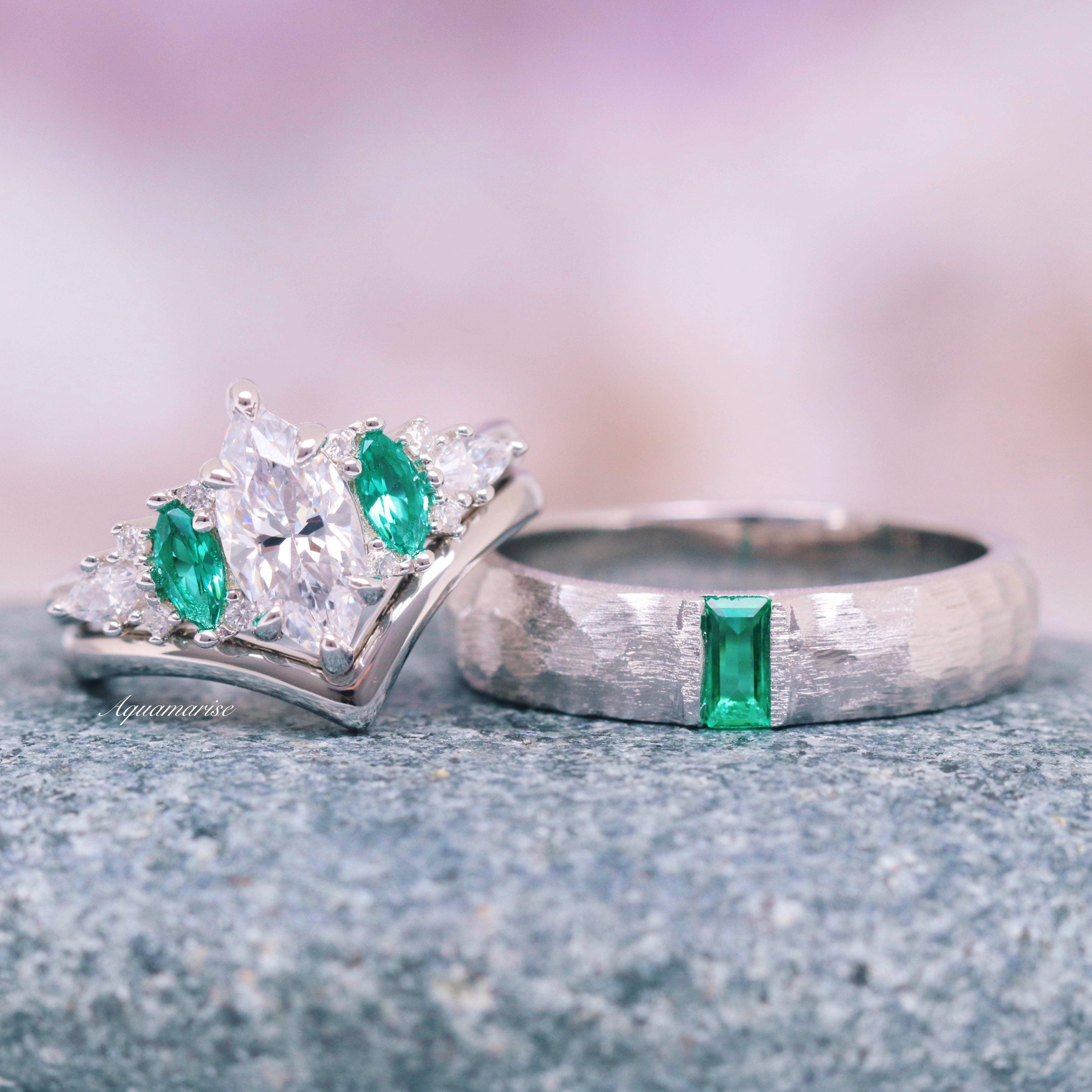 Emerie Simulated Diamond & Emerald Ring Set in Sterling Silver - Elegant Cubic Zirconia Jewelry for Women, Perfect for Weddings, Anniversaries and Special Occasions