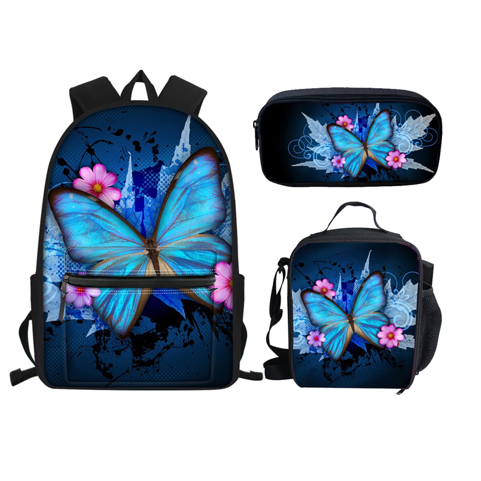 Butterfly Print 3-Piece Backpack Set for Girls - School Backpack, Insulated Lunch Bag & Pencil Case - Lightweight Laptop Backpack for Teens, Kids School Supplies (Blue) - Perfect for School, Travel & Daily Use