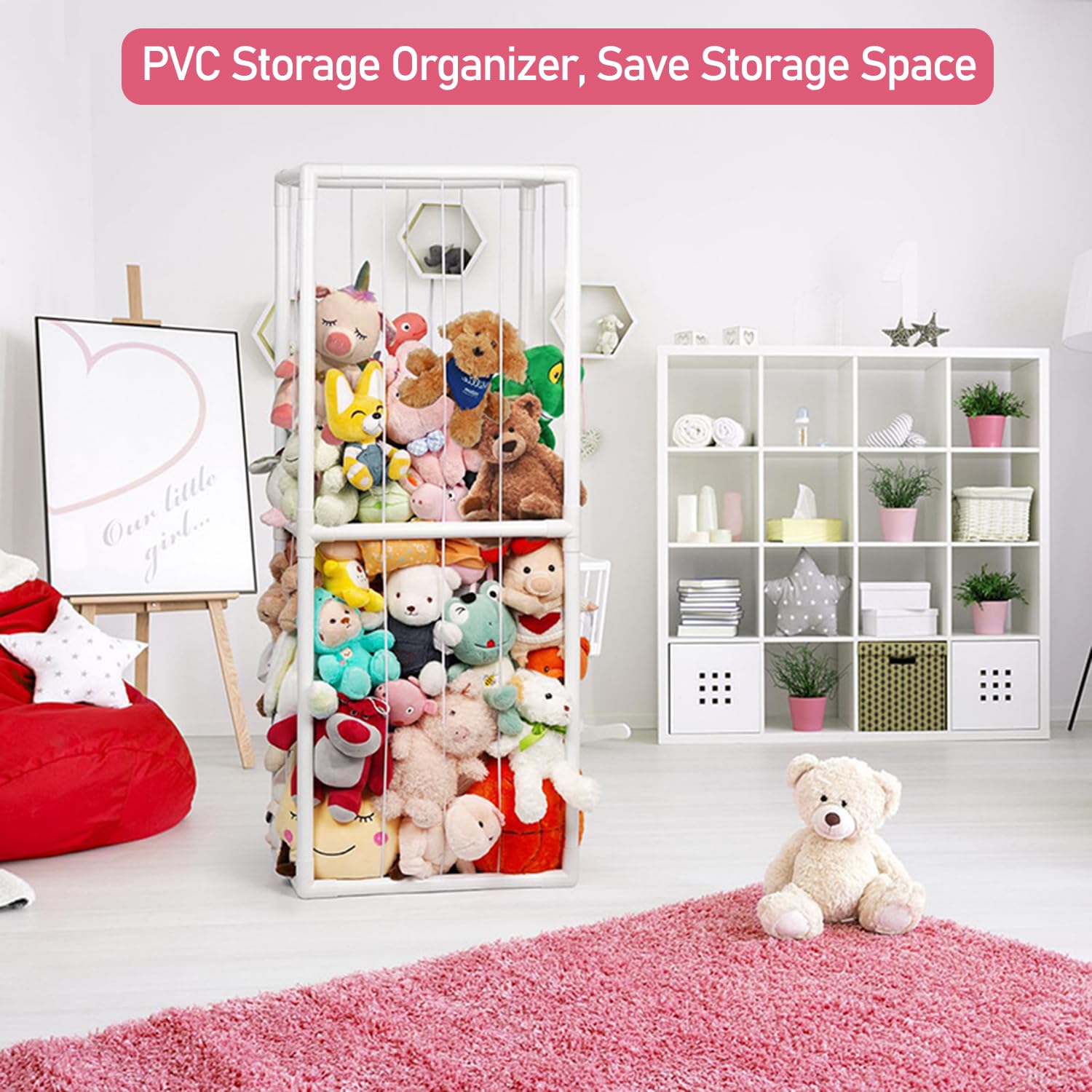 Bubinblau Stuffed Animal Storage Organizer with Elastic Band - Plush Toy Zoo Cage & Creative Doll Storage Rack with Bottom Net - White Kids Room Organizer for Bedroom, Nursery, or Playroom Decor
