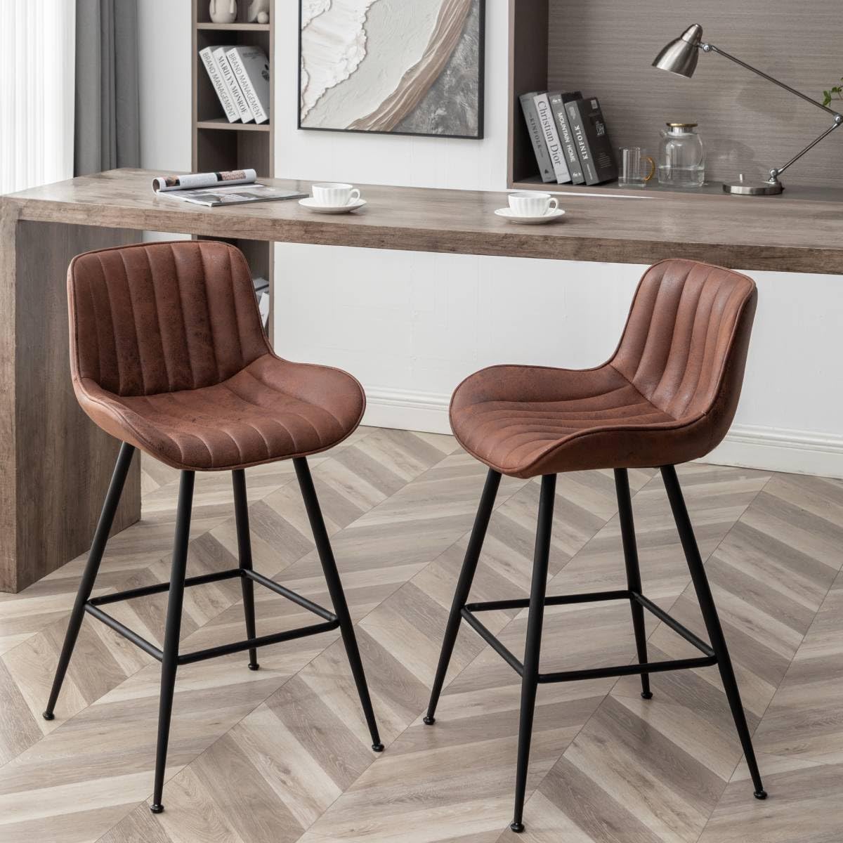 Brown Bar Stools Set of 2 - 24 Inch Fabric Upholstered Armless Bar Height Stools for Home Bar, Kitchen Island & Coffee Shop - Black & Brown Modern Barstools for Dining & Entertainment Areas