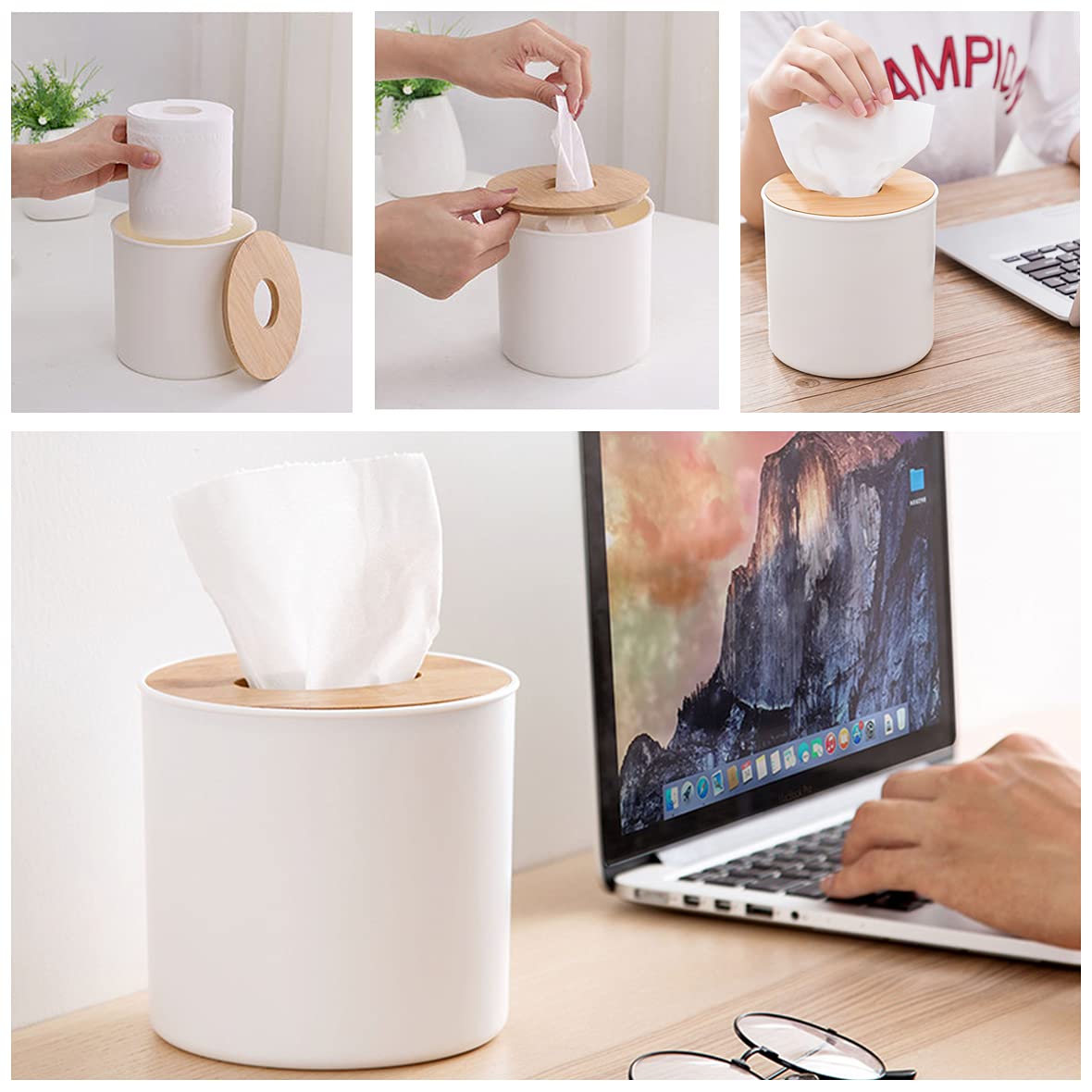 2 Pack Bamboo Tissue Box Holder - Rectangular & Round Wooden Tissue Box Cover for Facial Tissues & Napkins | Bathroom, Kitchen, Office Organizer | Durable & Stylish Home Decor Accessory for Living Room, Bedroom, and Desk