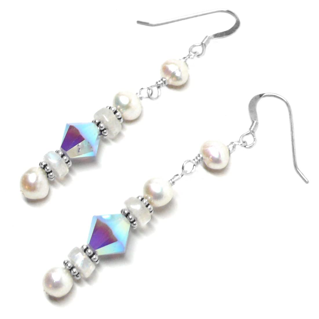 Moonstone Crystal & Sterling Silver Cultured Freshwater Pearl Earrings for Women - Elegant Dangle Earrings for Wedding, Party & Special Occasion Jewelry Gifts