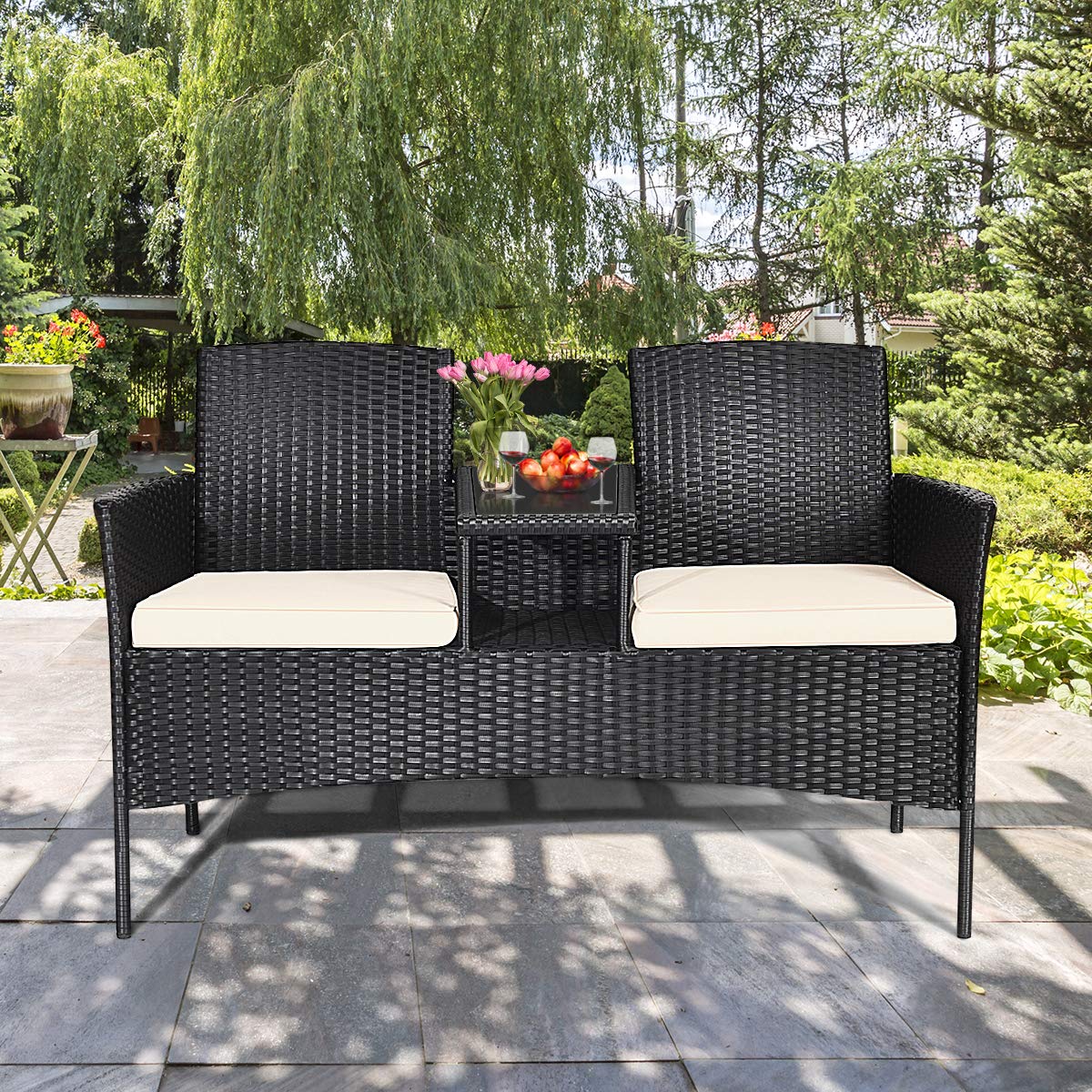 Modern White Outdoor Rattan Loveseat Sofa Set with Cushions & Glass Table - Patio Conversation Furniture for Garden, Lawn, Backyard - Perfect for Relaxing, Entertaining Guests, and Enjoying Outdoor Gatherings
